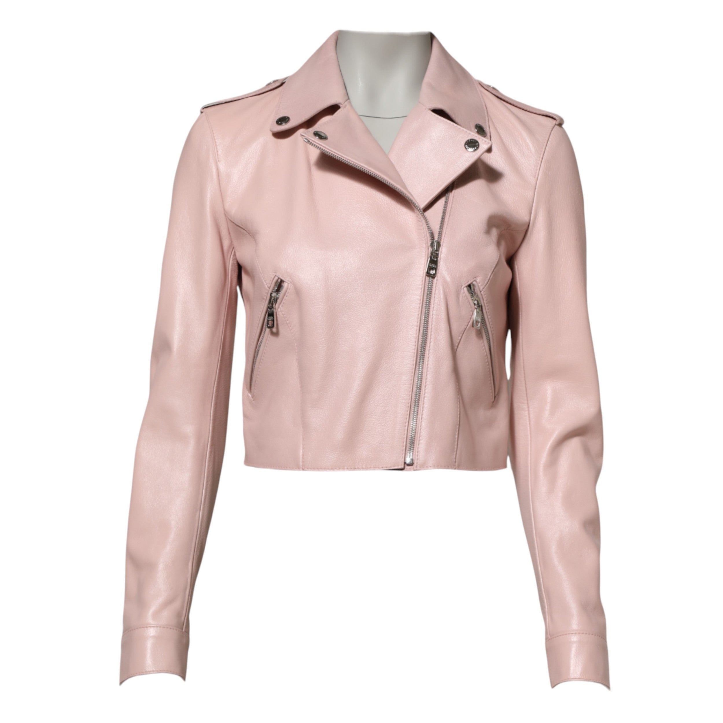 Dolce & Gabbana Hellrosa Kragen Leder Frauen Biker Jacke