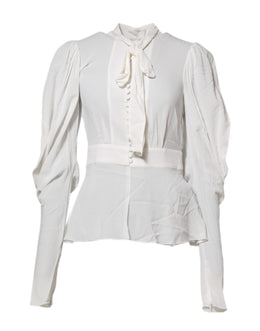Dolce & Gabbana Weißes Viskose-Top mit Ascot-Kragen und langen Ärmeln