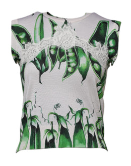 Dolce & Gabbana Weiß Grün Erbsen Print Ärmelloses Blusen Top