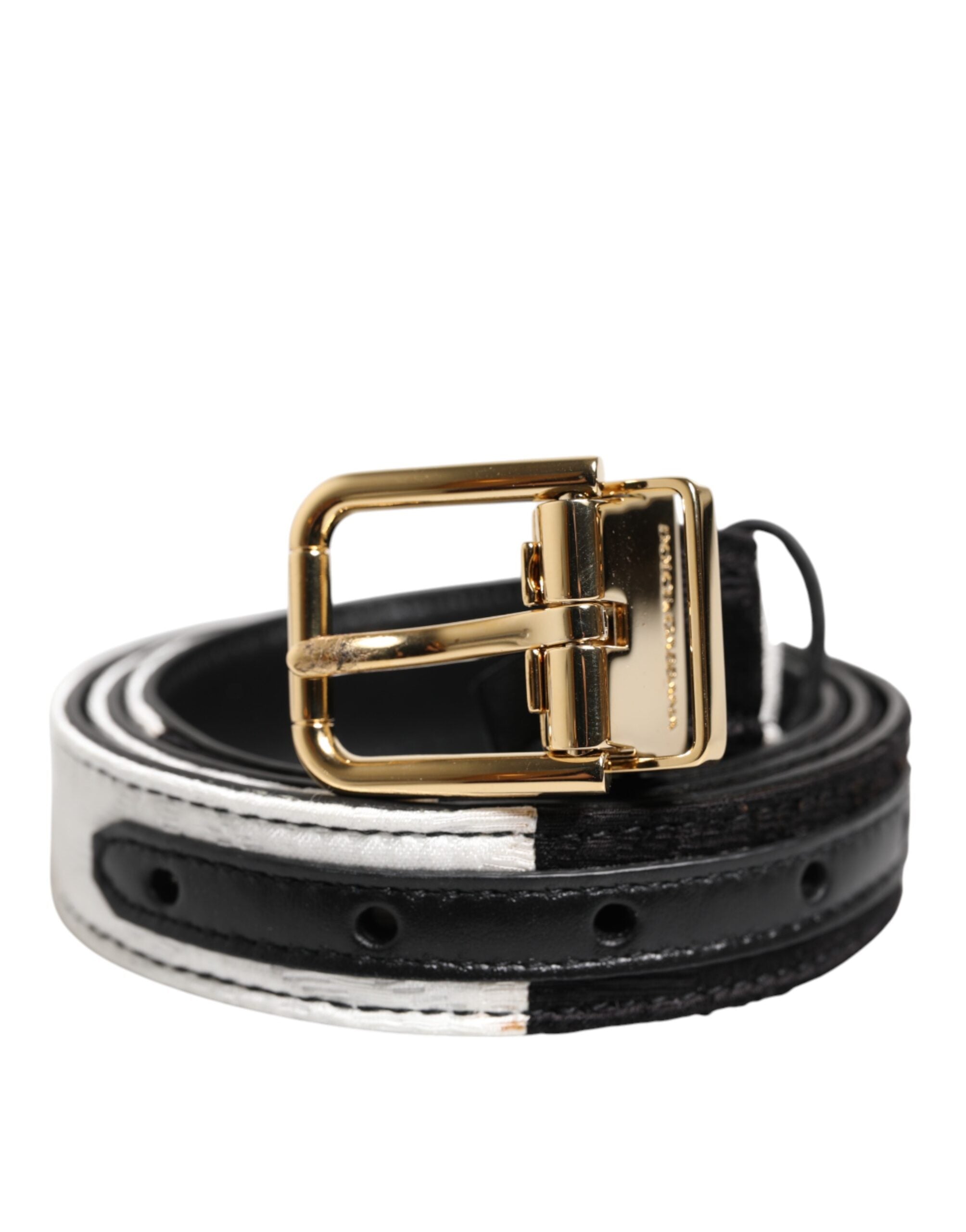 Dolce & Gabbana Schwarzer weißer Patchworkgürtel mit goldener Metallschnalle