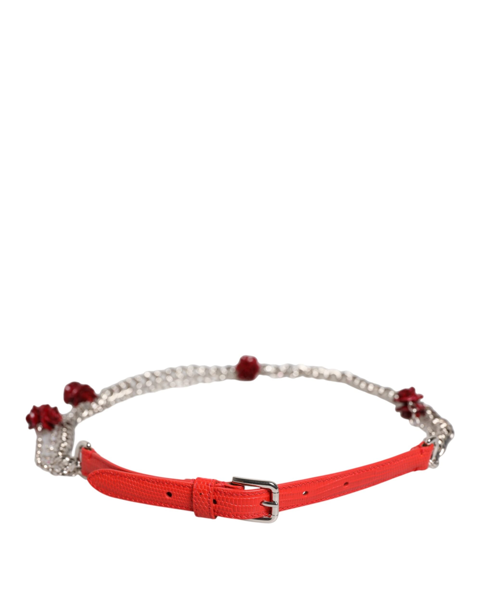 Dolce & Gabbana Roter Leder Silber Kette Floral Cintura Gürtel