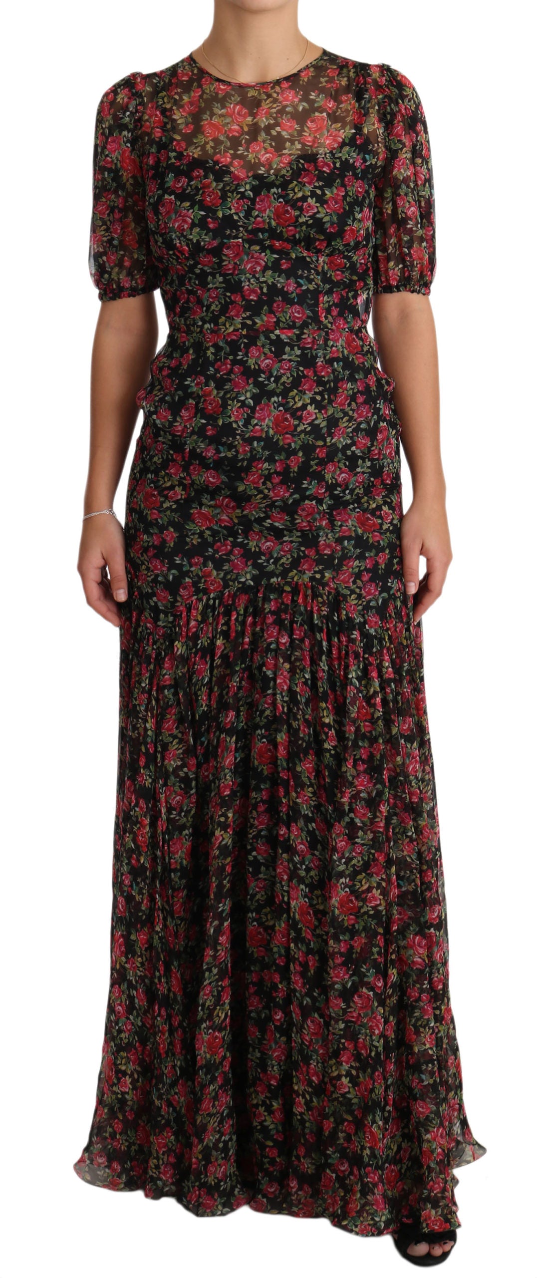 Dolce & Gabbana Schwarzes geblümtes Rosen A-Linien Shift-Kleid