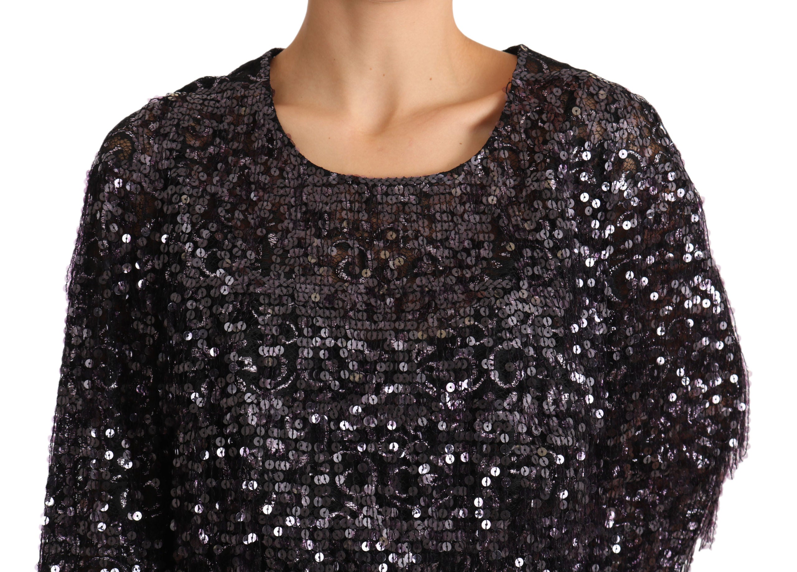 Dolce & Gabbana Schwarzes Langarm-Shift-Midi-Dress mit Pailletten