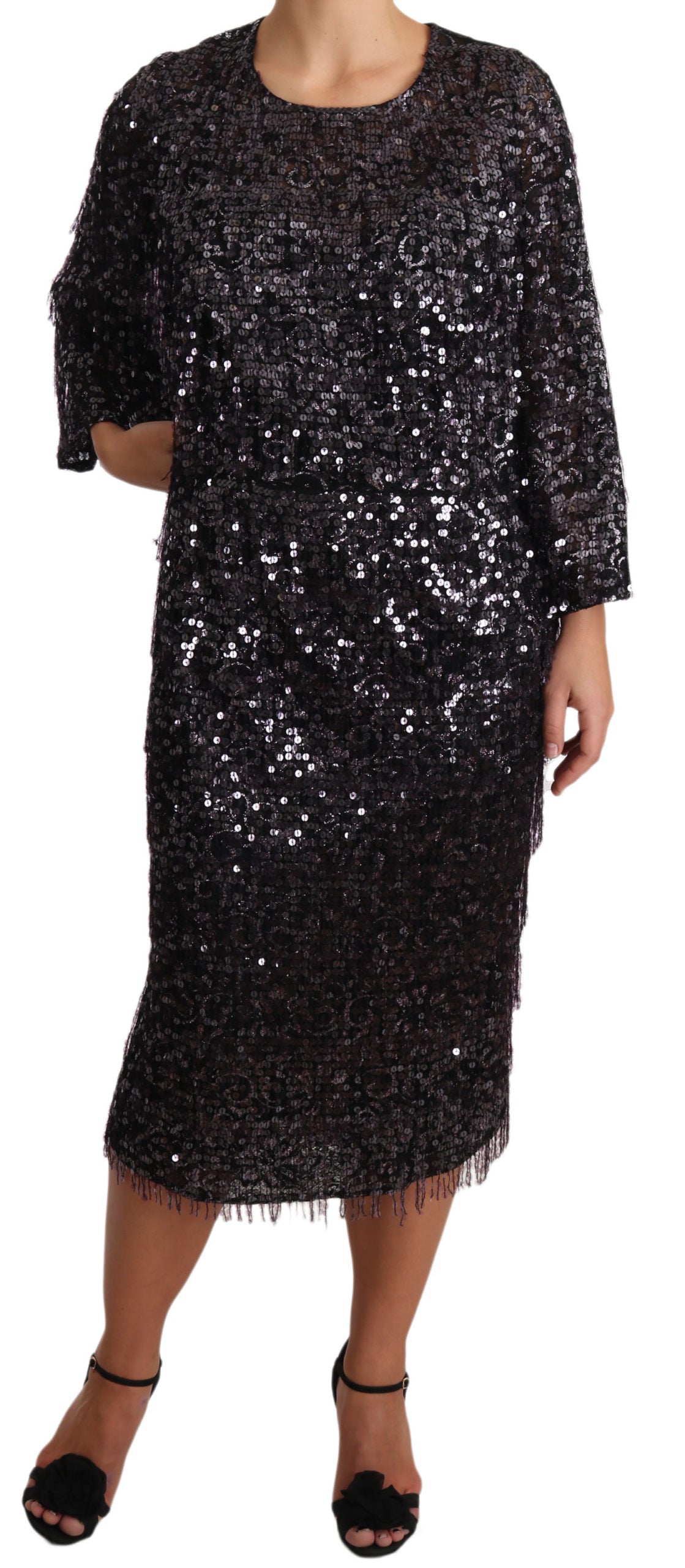 Dolce & Gabbana Schwarzes Langarm-Shift-Midi-Dress mit Pailletten