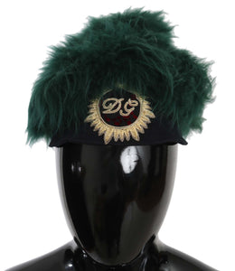Dolce & Gabbana Grüner Pelz DG Logo bestickt Cloche Hut