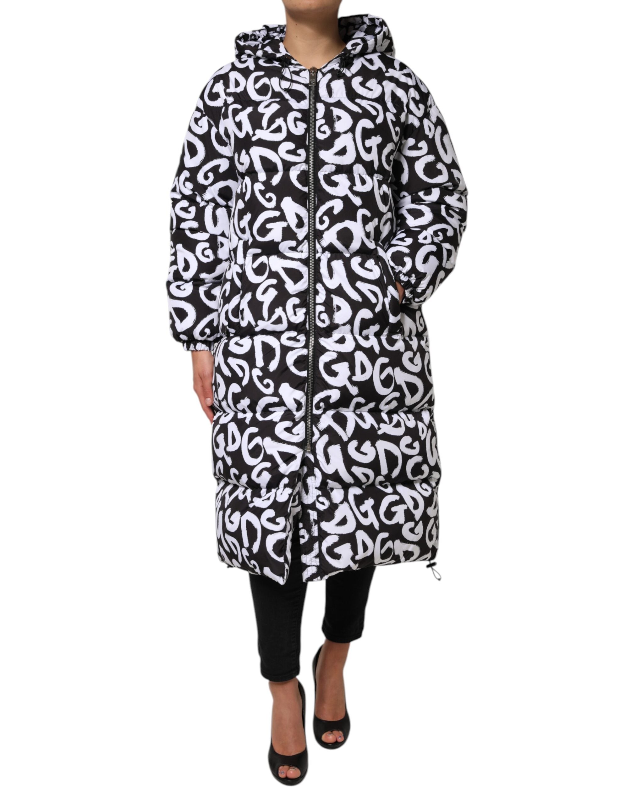 Dolce & Gabbana Schwarz Weiß DG Mania Langer Mantel mit Kapuze Jacke