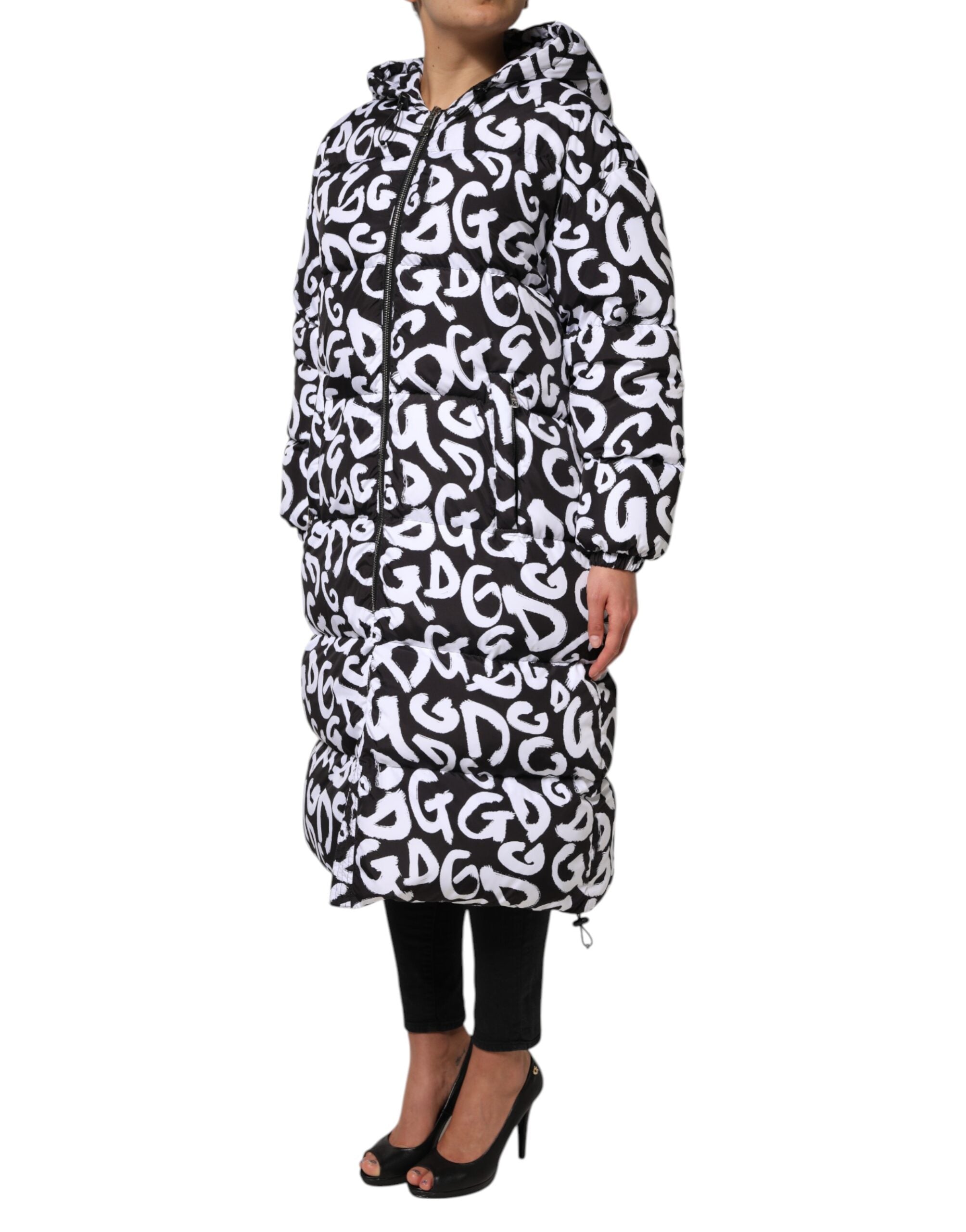 Dolce & Gabbana Schwarz Weiß DG Mania Langer Mantel mit Kapuze Jacke