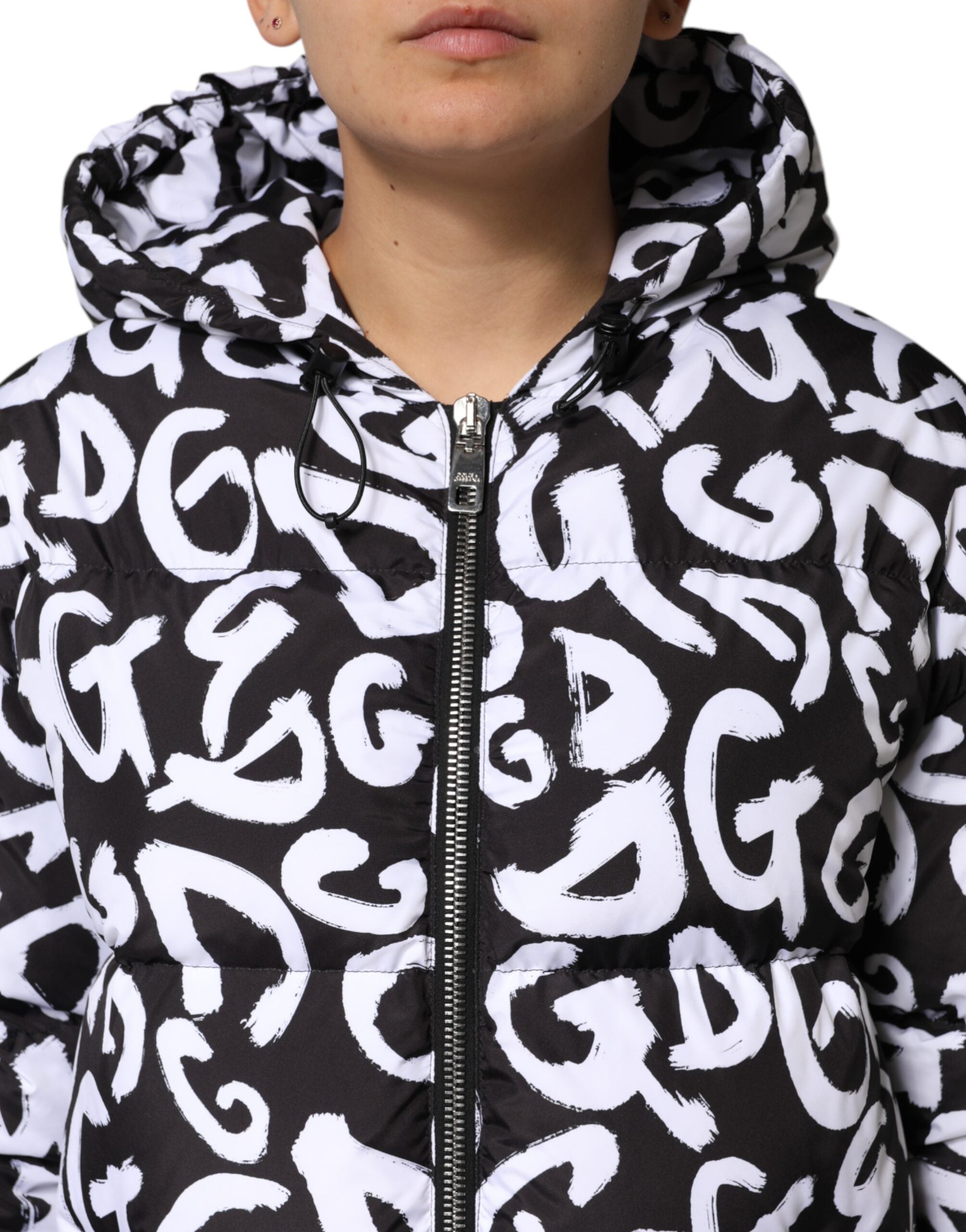 Dolce & Gabbana Schwarz Weiß DG Mania Langer Mantel mit Kapuze Jacke