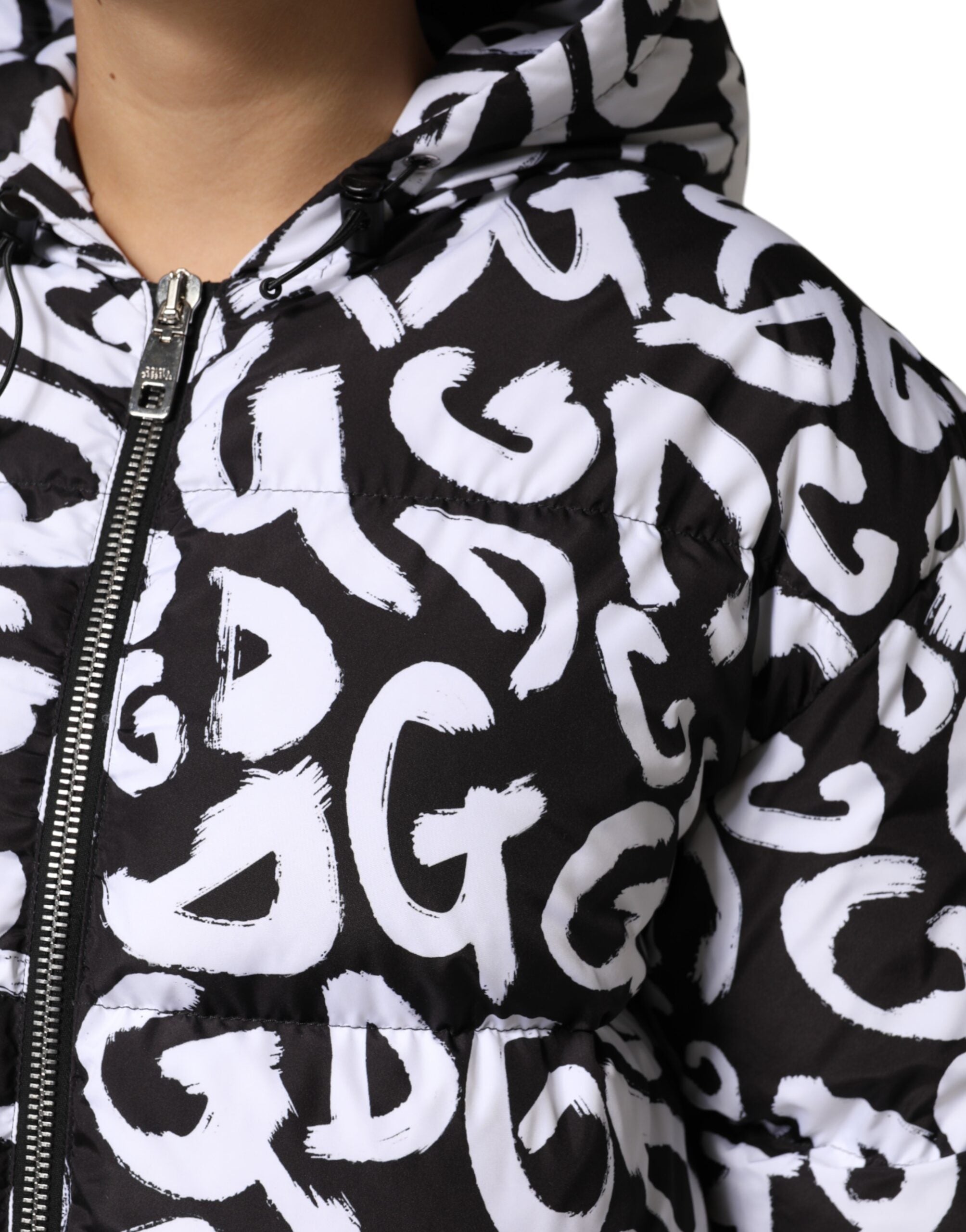 Dolce & Gabbana Schwarz Weiß DG Mania Langer Mantel mit Kapuze Jacke