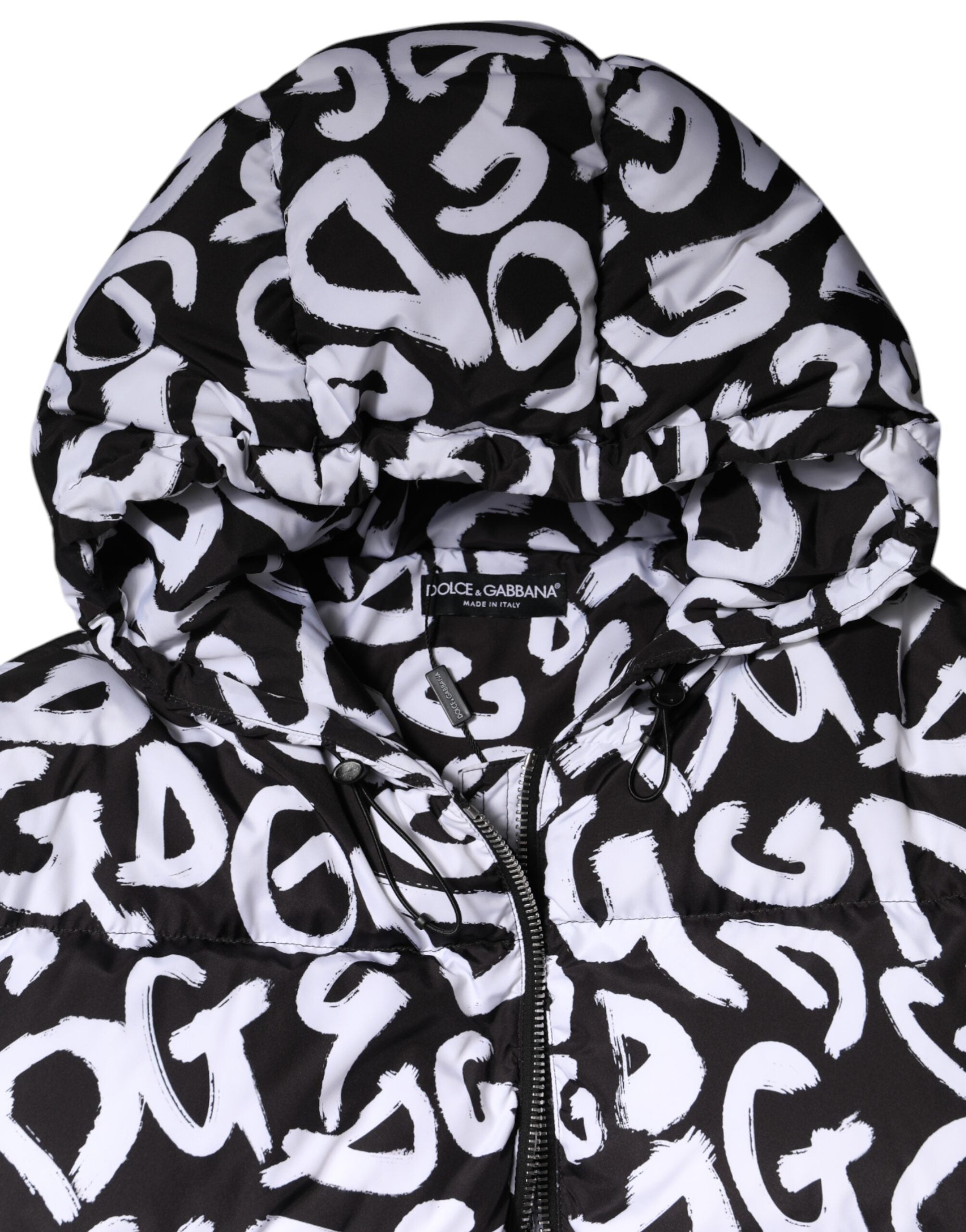 Dolce & Gabbana Schwarz Weiß DG Mania Langer Mantel mit Kapuze Jacke