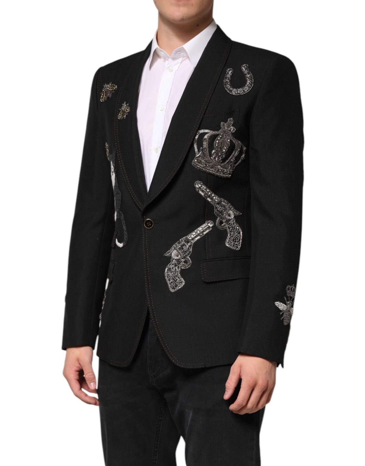Dolce & Gabbana Schwarzer Anzugmantel mit Bienenkrone und Blazer