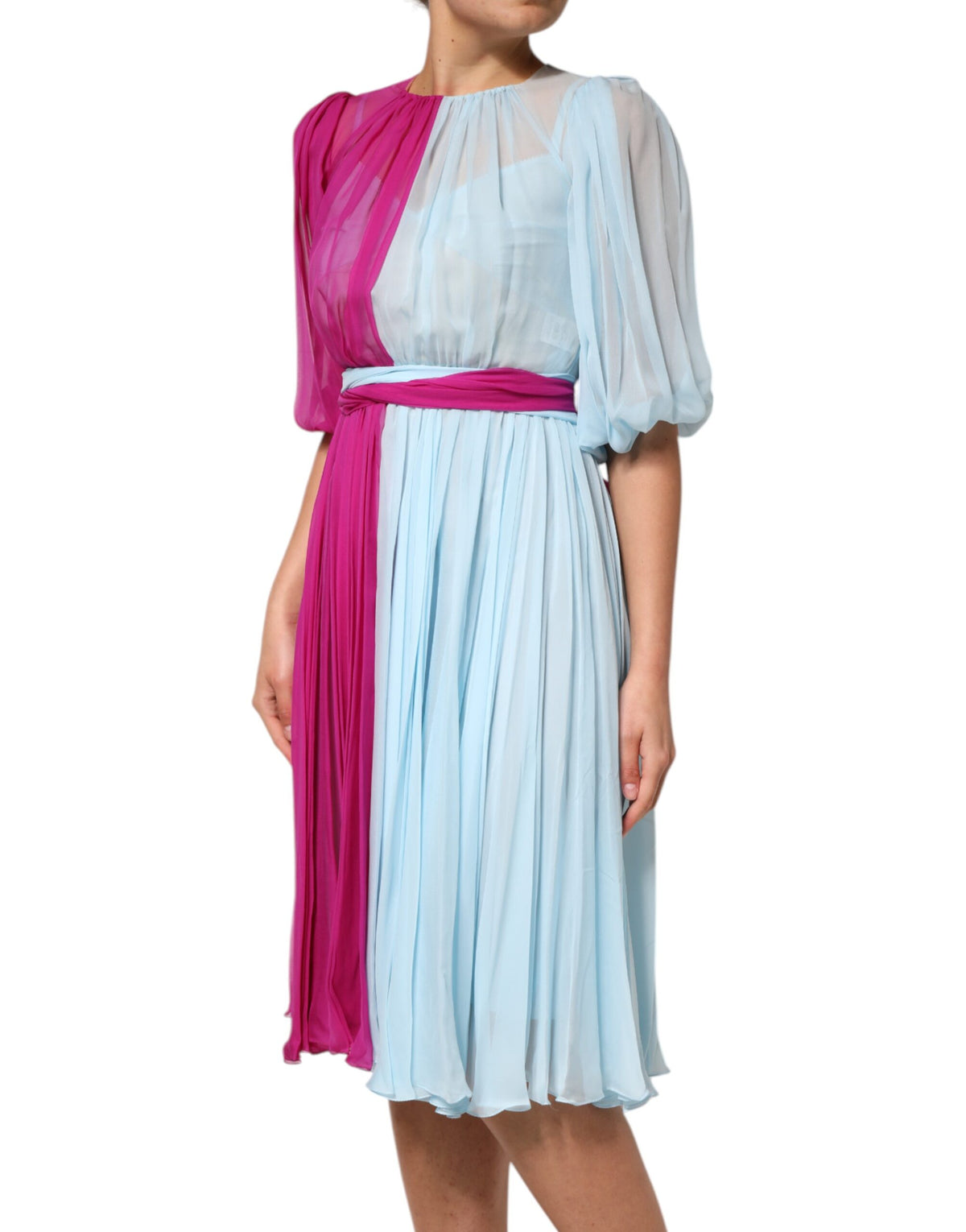 Dolce & Gabbana Fuchsia Hellblaues zweifarbiges Midikleid aus Seide