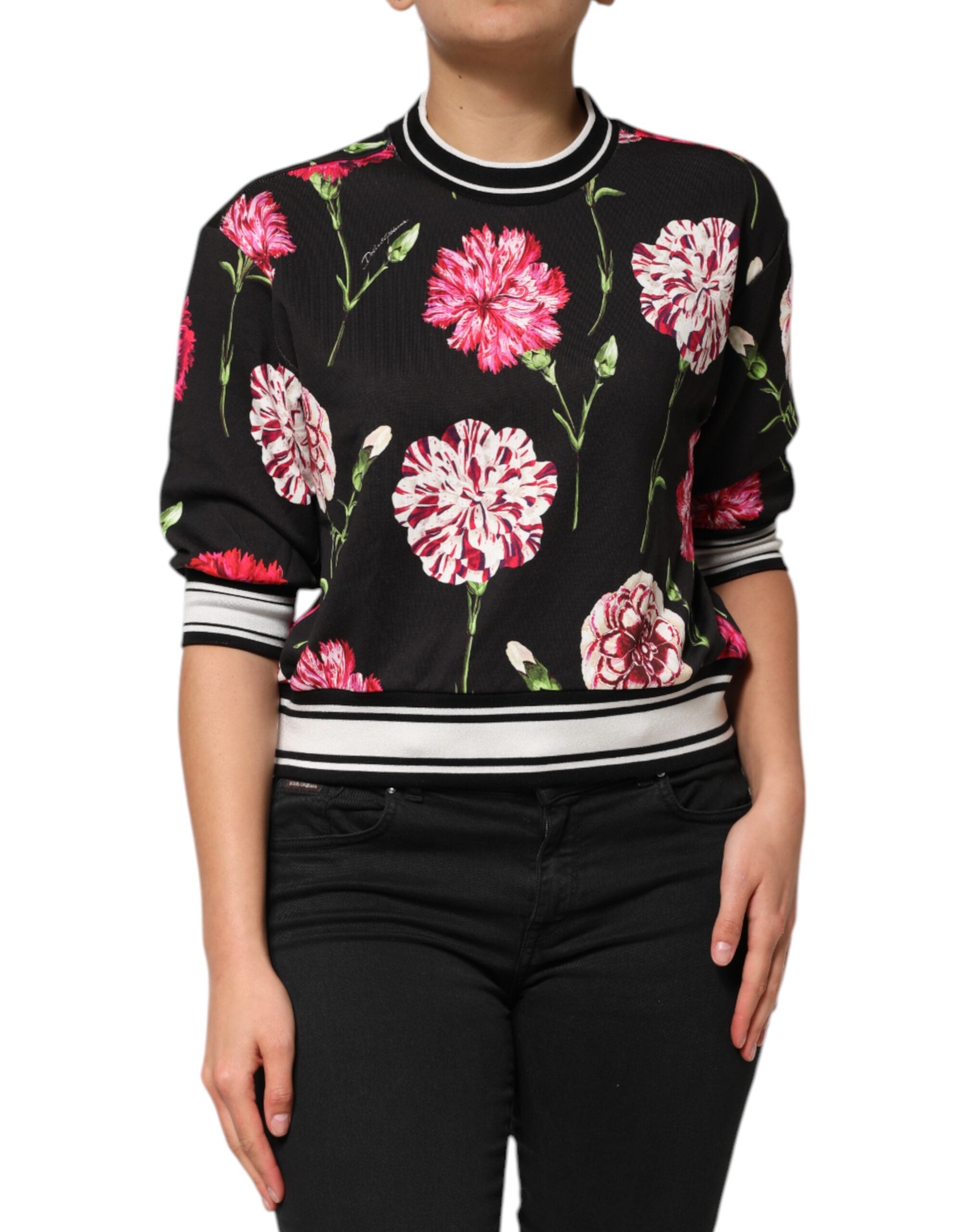 Dolce & Gabbana Schwarzes Baumwoll-Top mit Blumendruck und kurzen Ärmeln