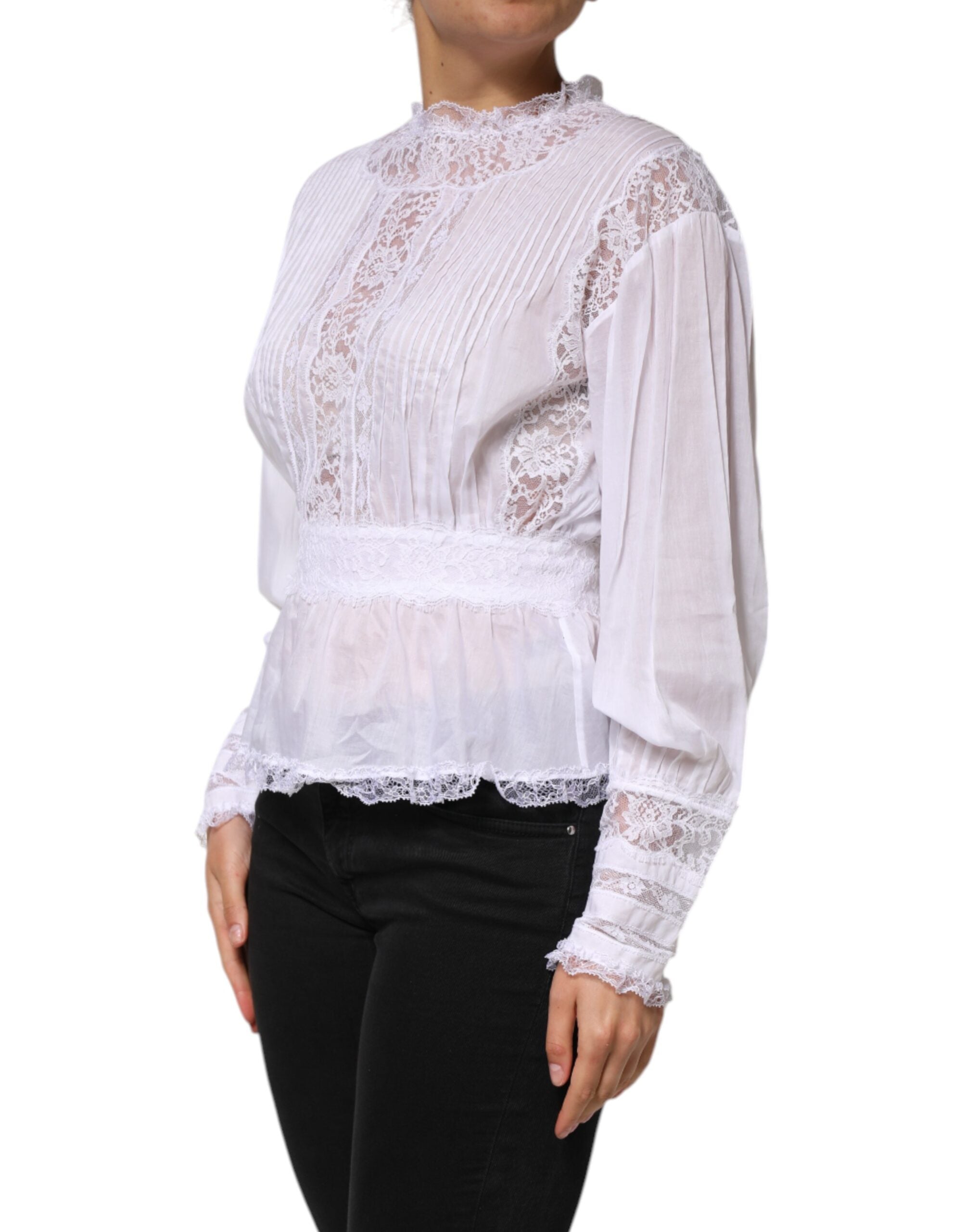 Dolce & Gabbana Weißes Baumwoll-Top mit geblümter Spitze und langen Ärmeln