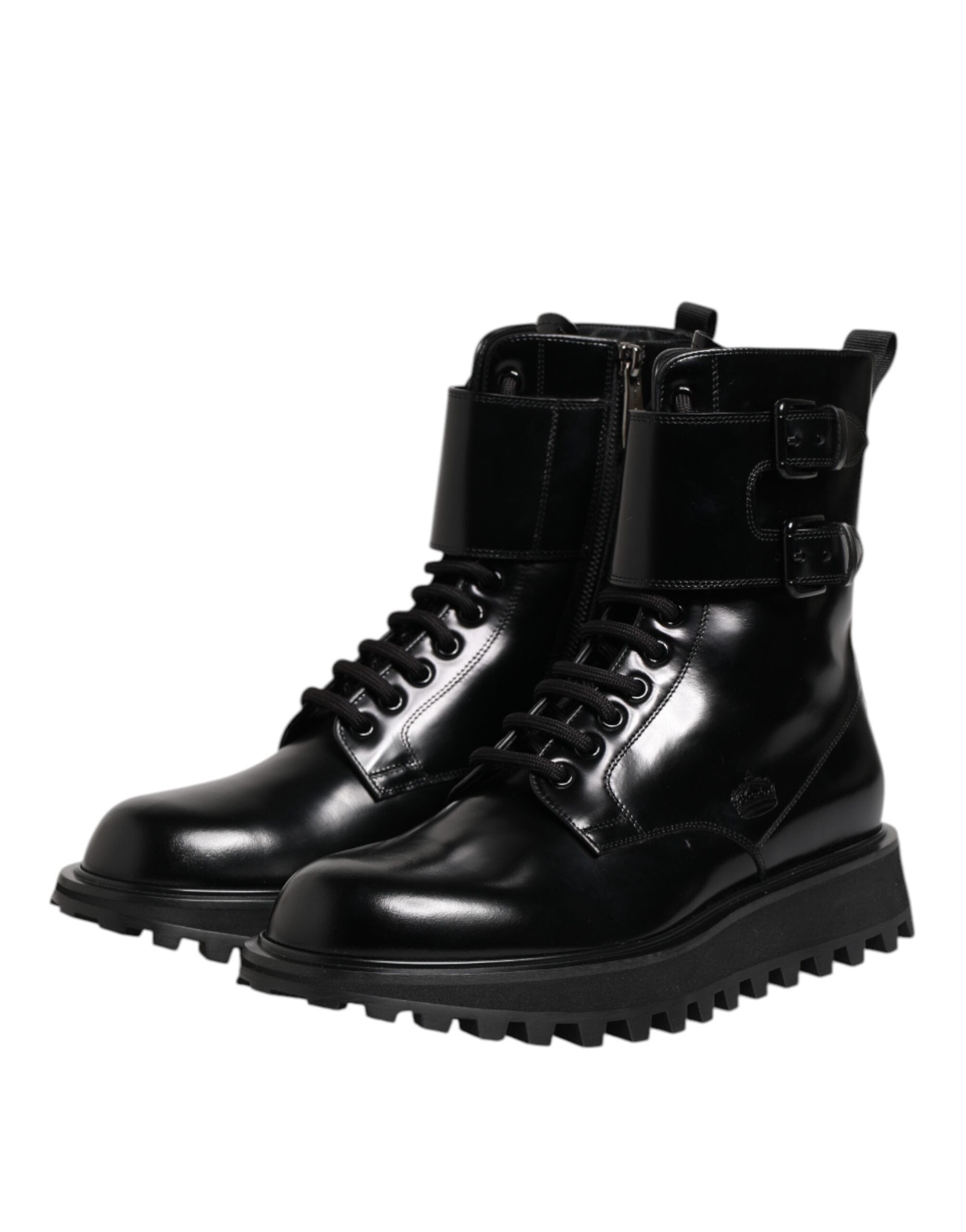 Dolce & Gabbana Schwarze Leder-Schnürstiefel bis zur Mitte der Wade