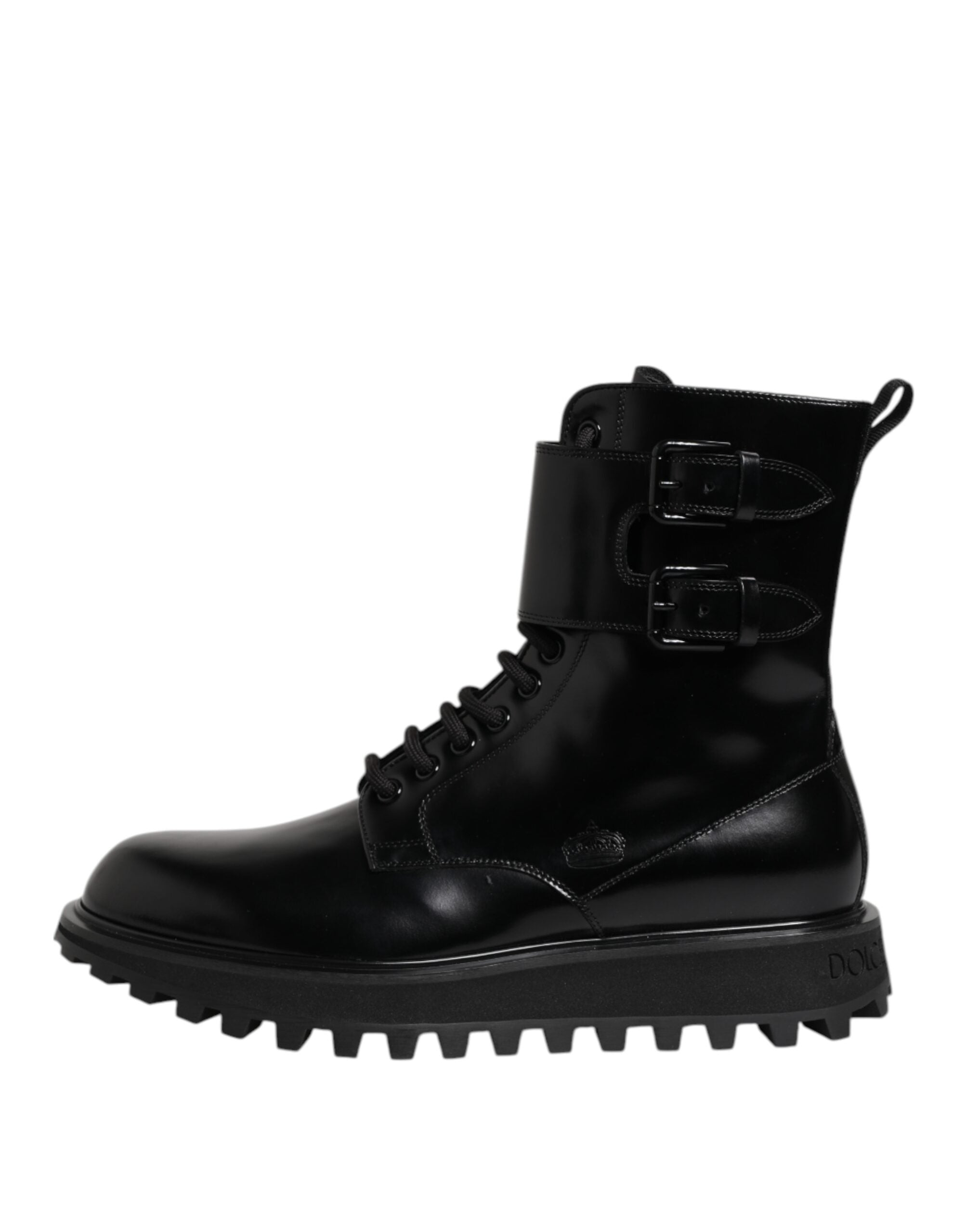 Dolce & Gabbana Schwarze Leder-Schnürstiefel bis zur Mitte der Wade
