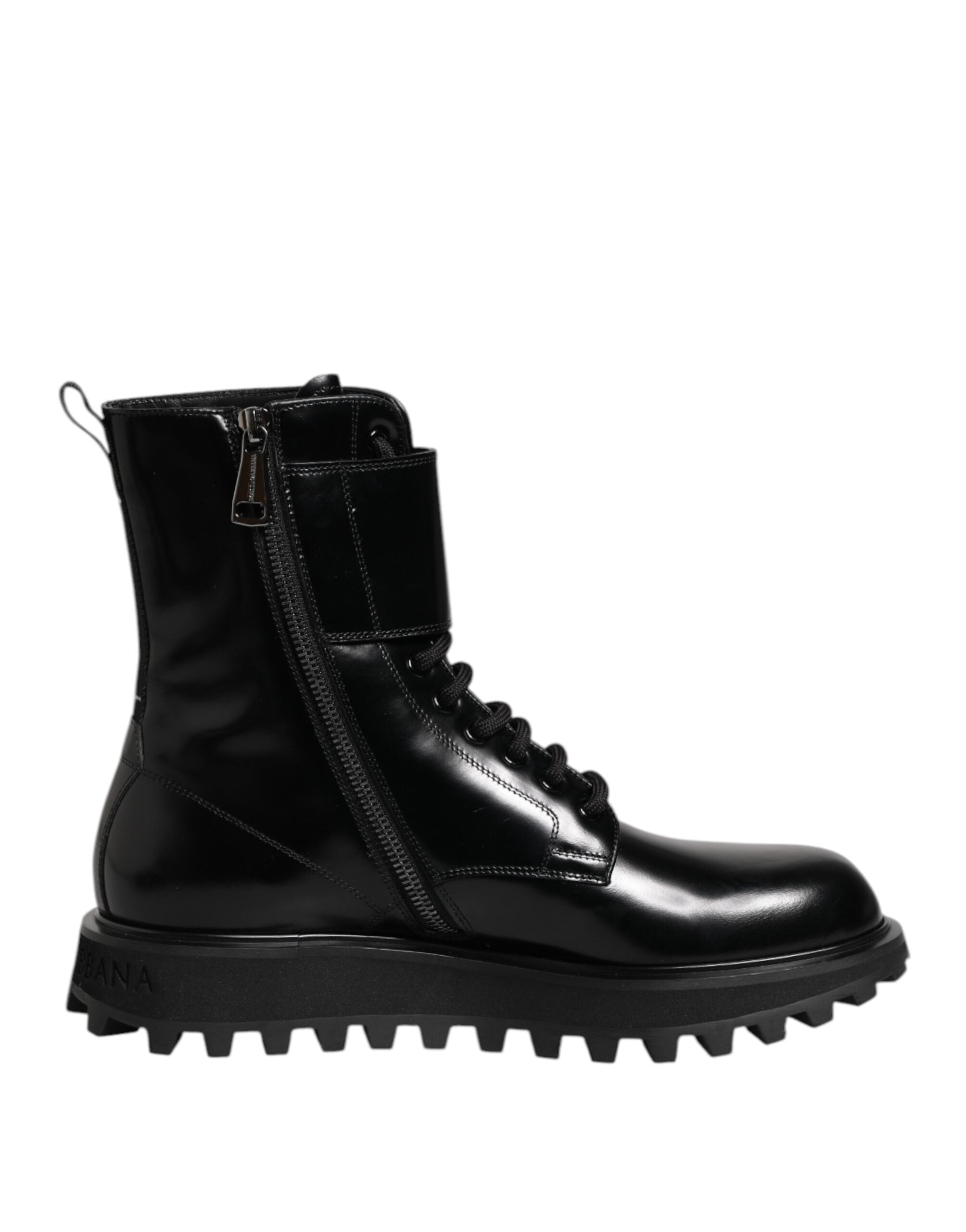 Dolce & Gabbana Schwarze Leder-Schnürstiefel bis zur Mitte der Wade