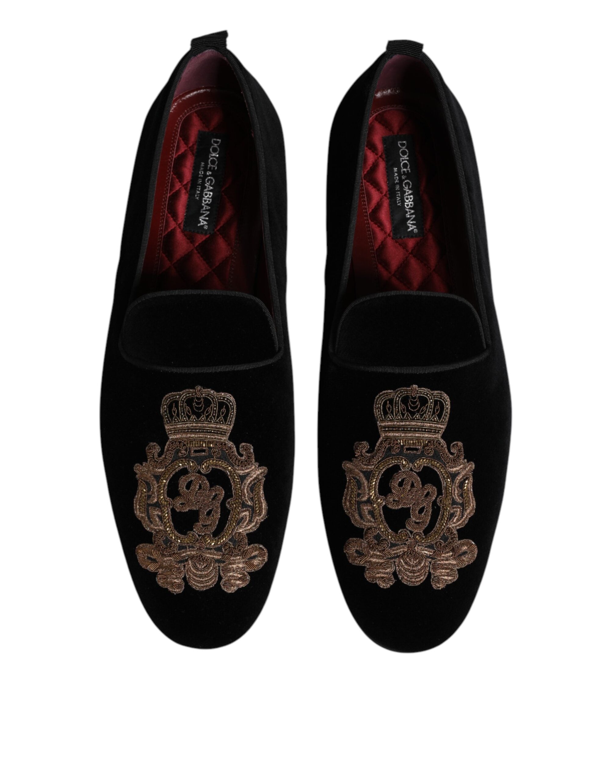 Dolce & Gabbana Schwarze Samt-Goldkrone Herren-Loafer