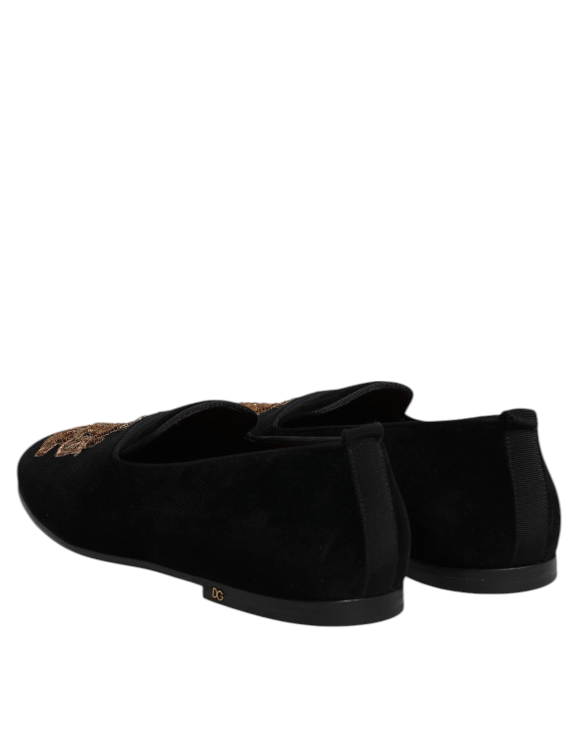 Dolce & Gabbana Schwarze Samt-Goldkrone Herren-Loafer