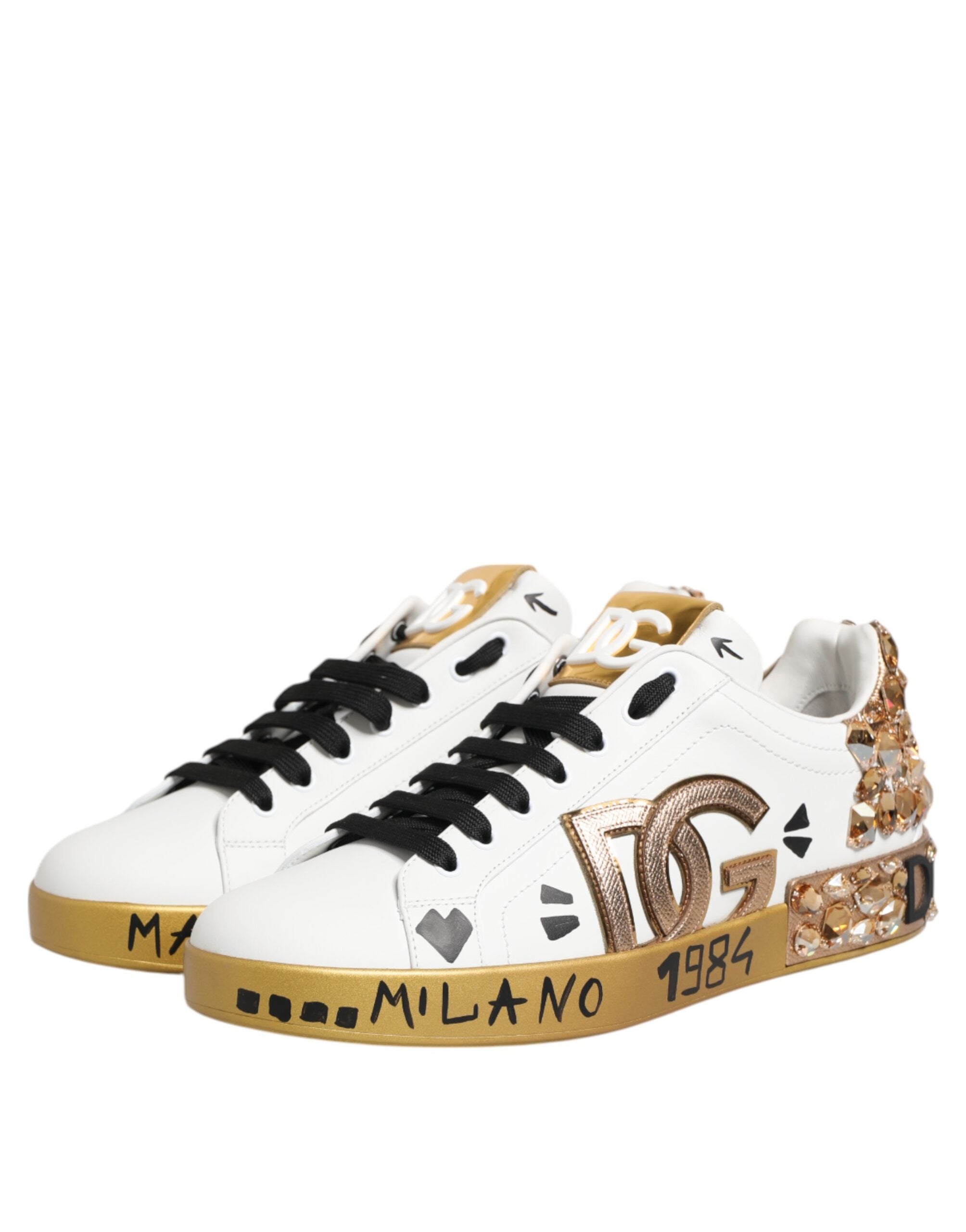 Dolce & Gabbana Weiß Gold Kristall Portofino Turnschuhe Schuhe