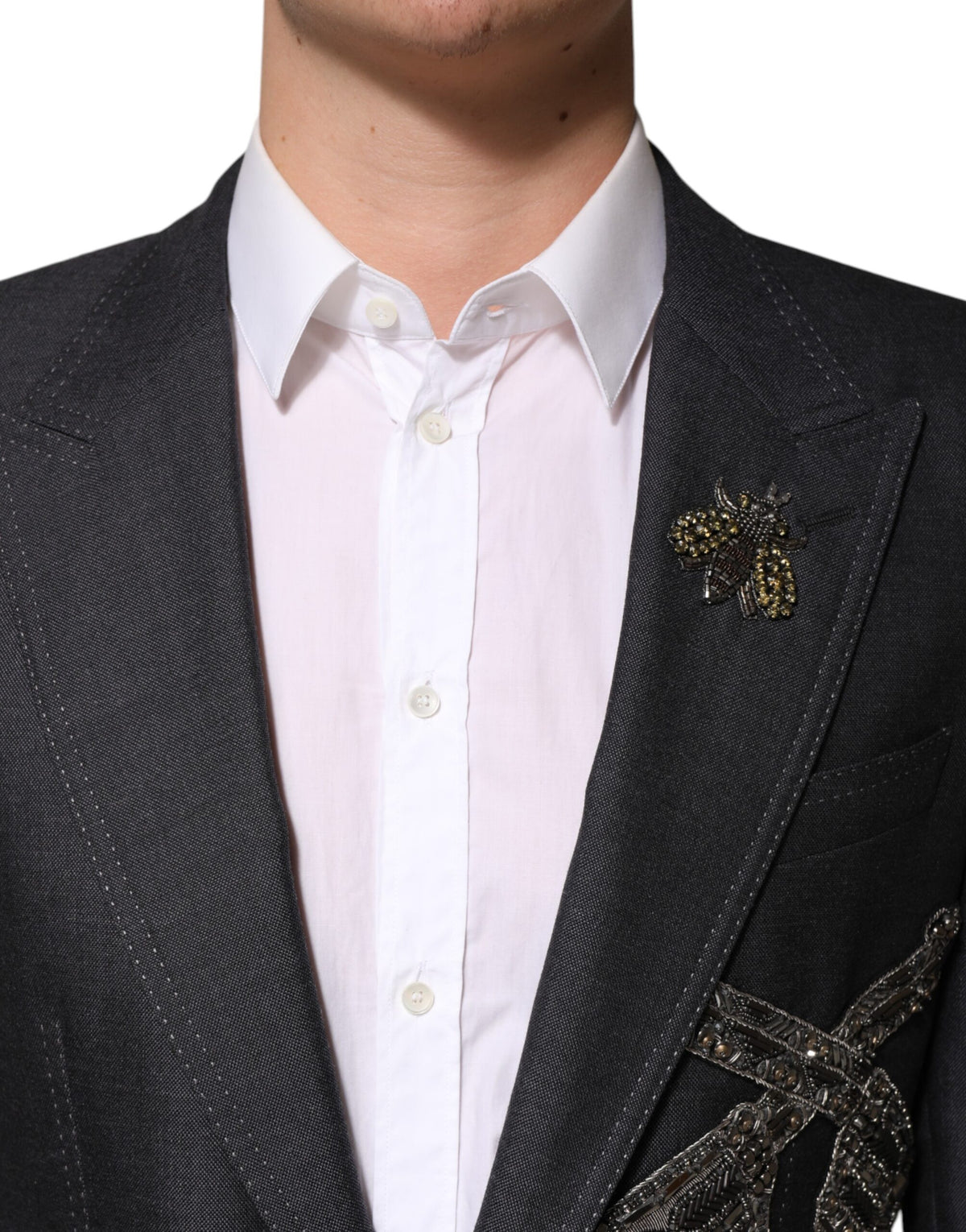 Dolce & Gabbana Dunkelgrauer Wollmantel mit Bienenstickerei Blazer