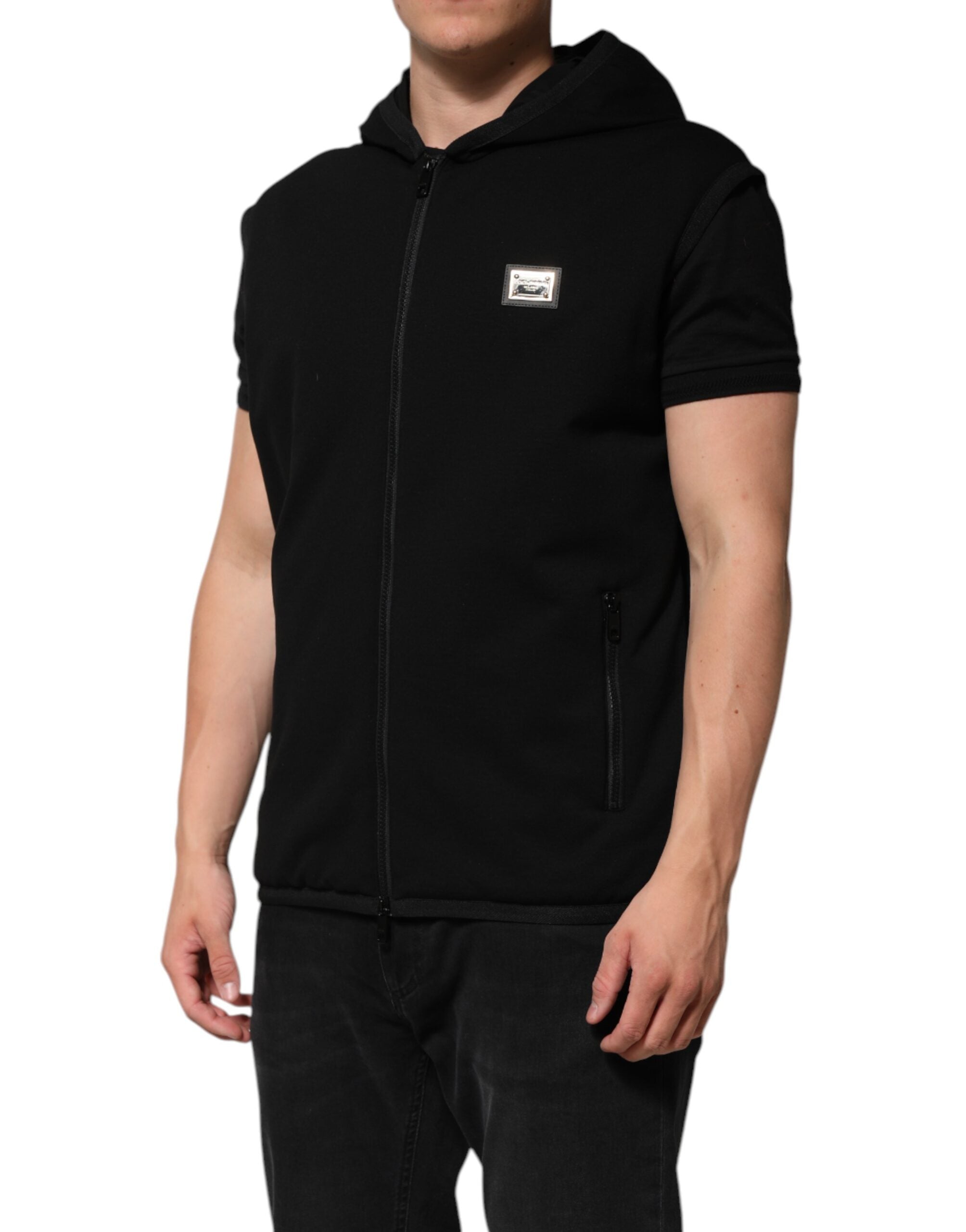 Dolce & Gabbana Schwarze ärmellose Jacke mit Kapuze und Logo-Plakette