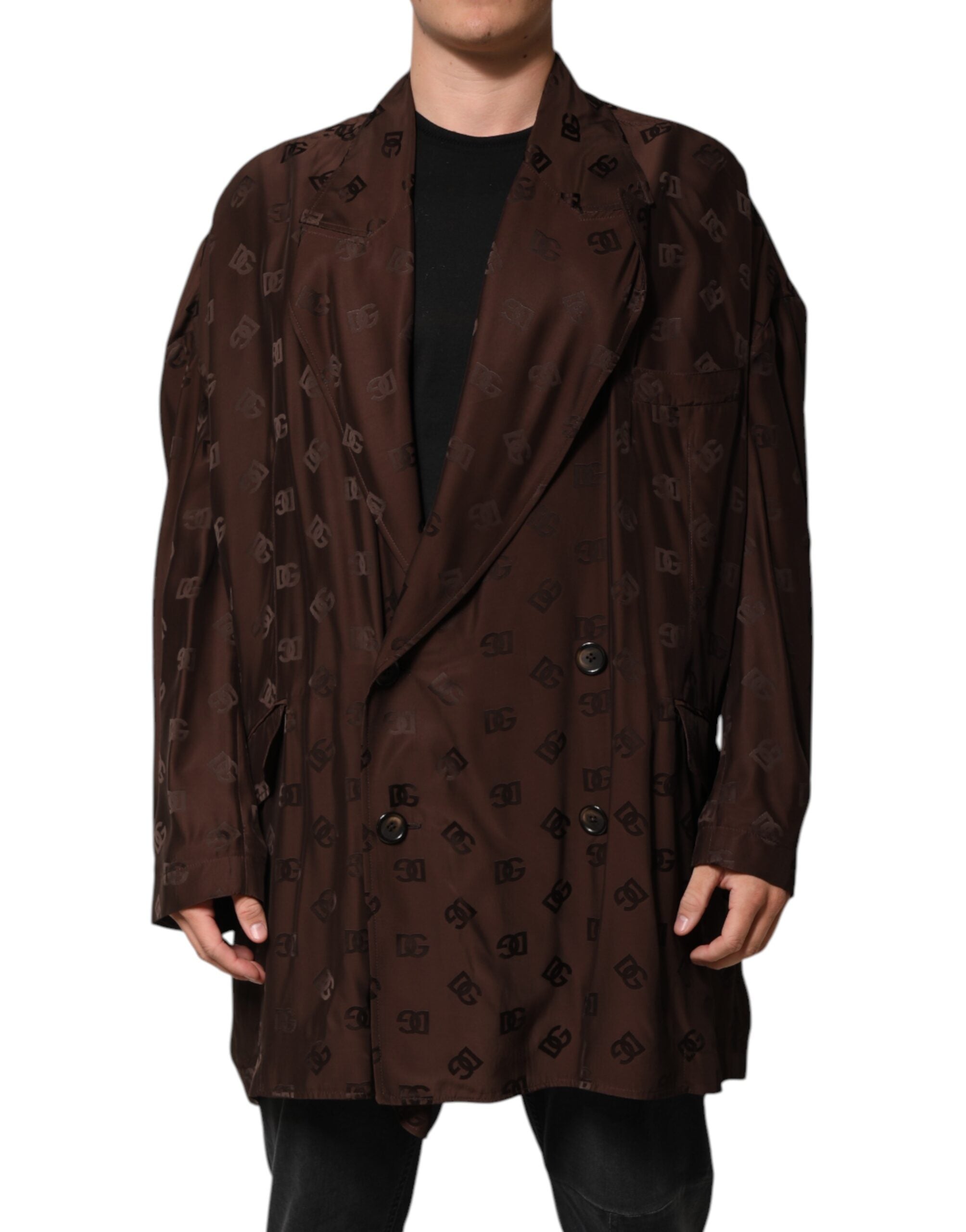 Dolce & Gabbana Brauner Polyester Logo Monogramm Mantel Jacke