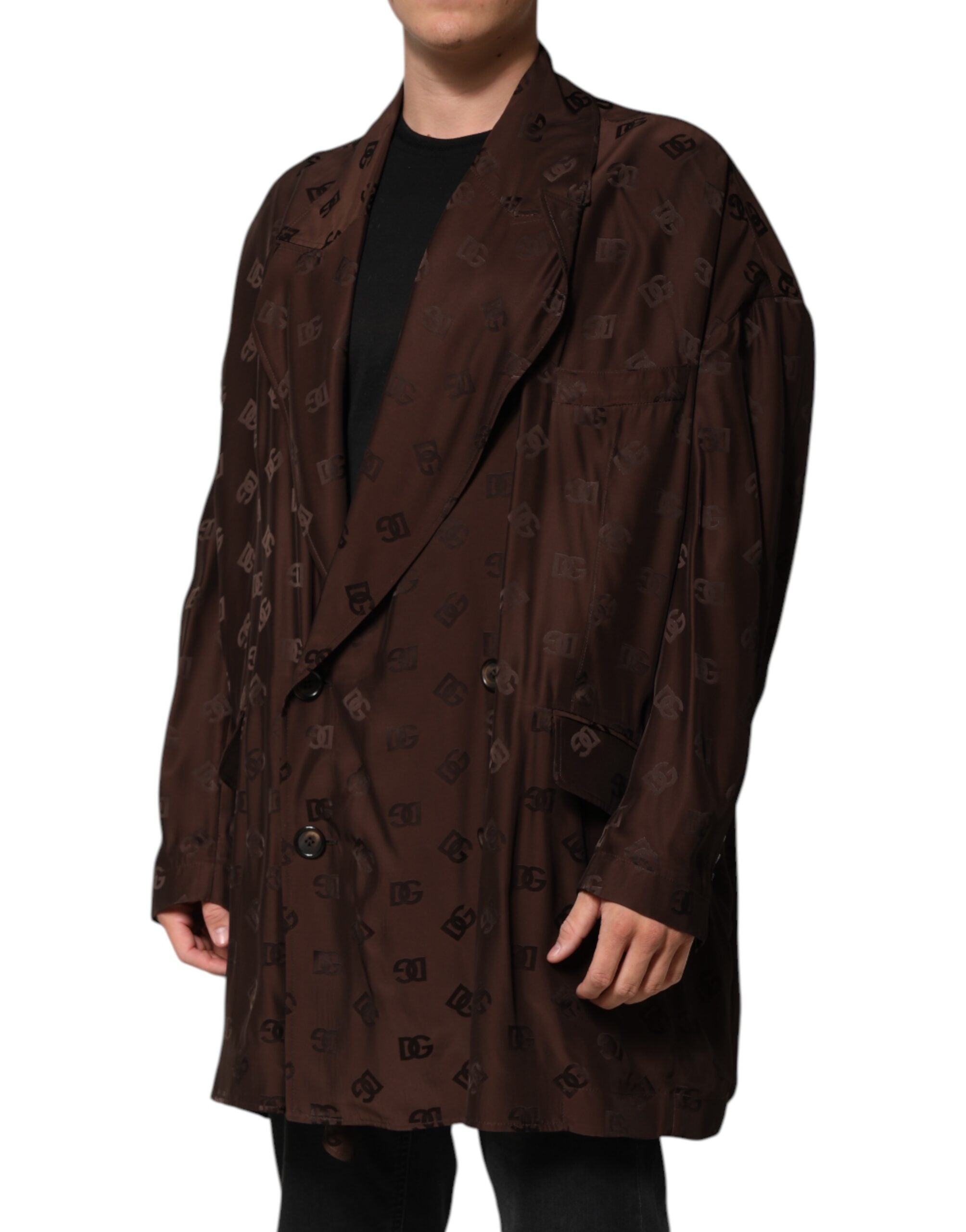 Dolce & Gabbana Brauner Polyester Logo Monogramm Mantel Jacke
