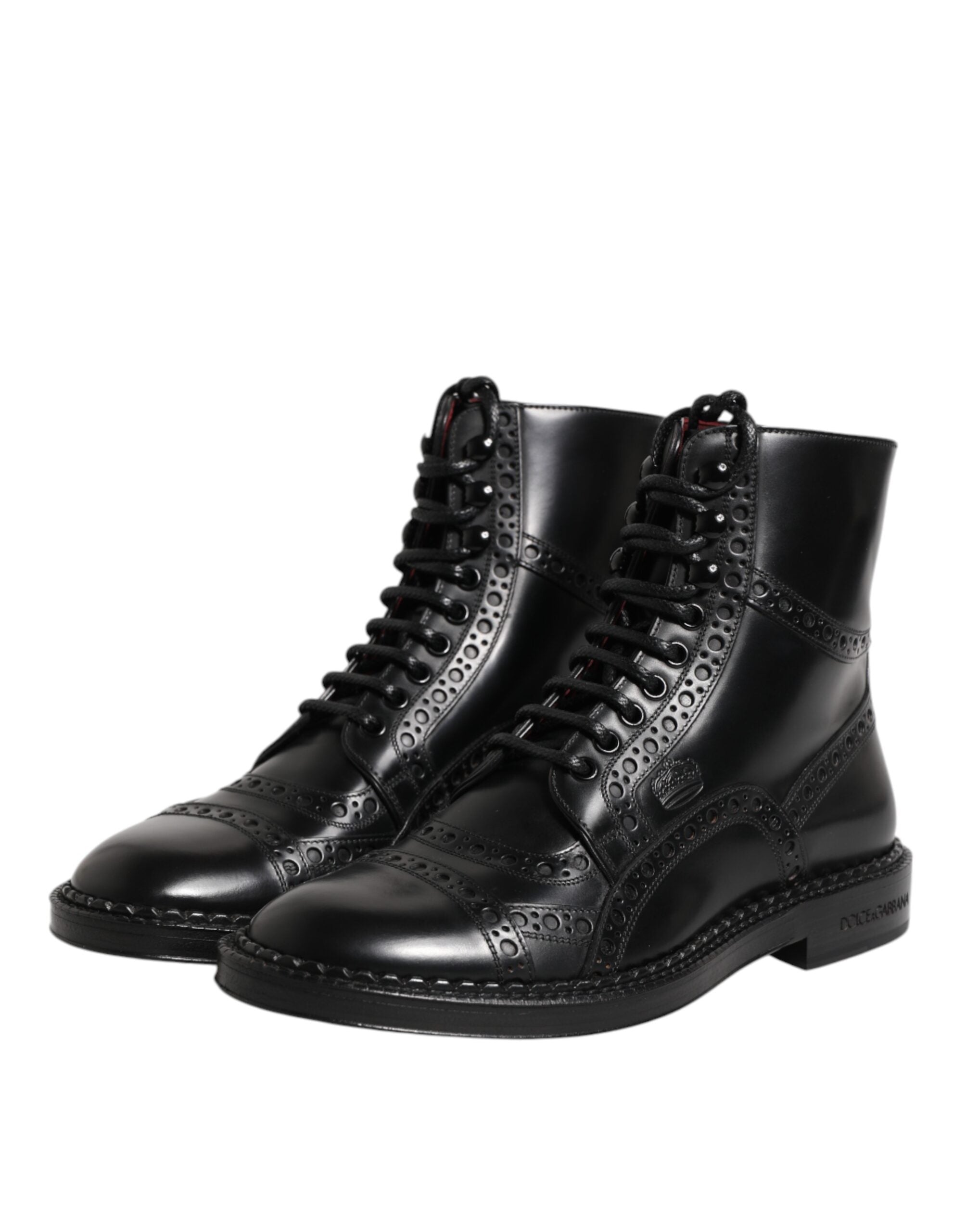 Dolce & Gabbana Schwarze Leder-Schnürstiefel bis zur Mitte der Wade
