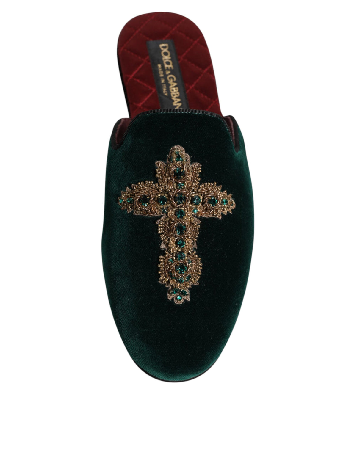 Dolce & Gabbana Grüner Samt Kreuz verschönert Pantoffeln Schuhe