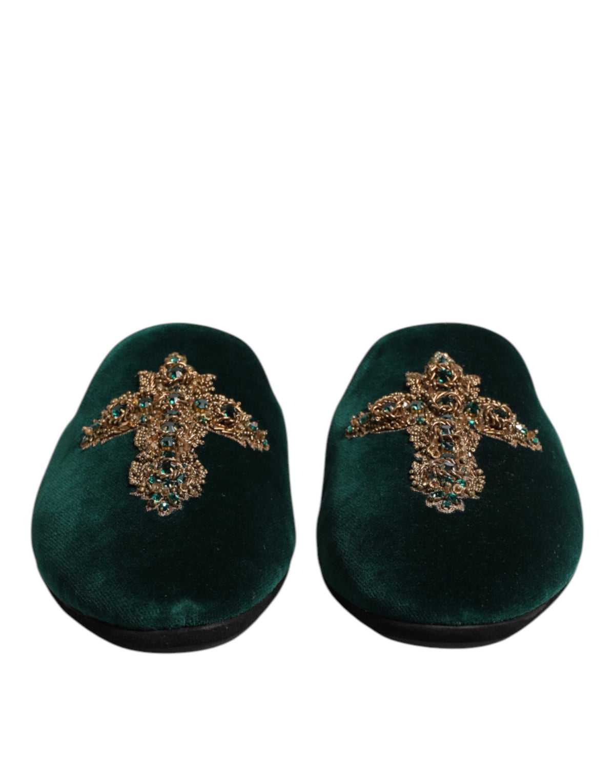 Dolce & Gabbana Grüner Samt Kreuz verschönert Pantoffeln Schuhe