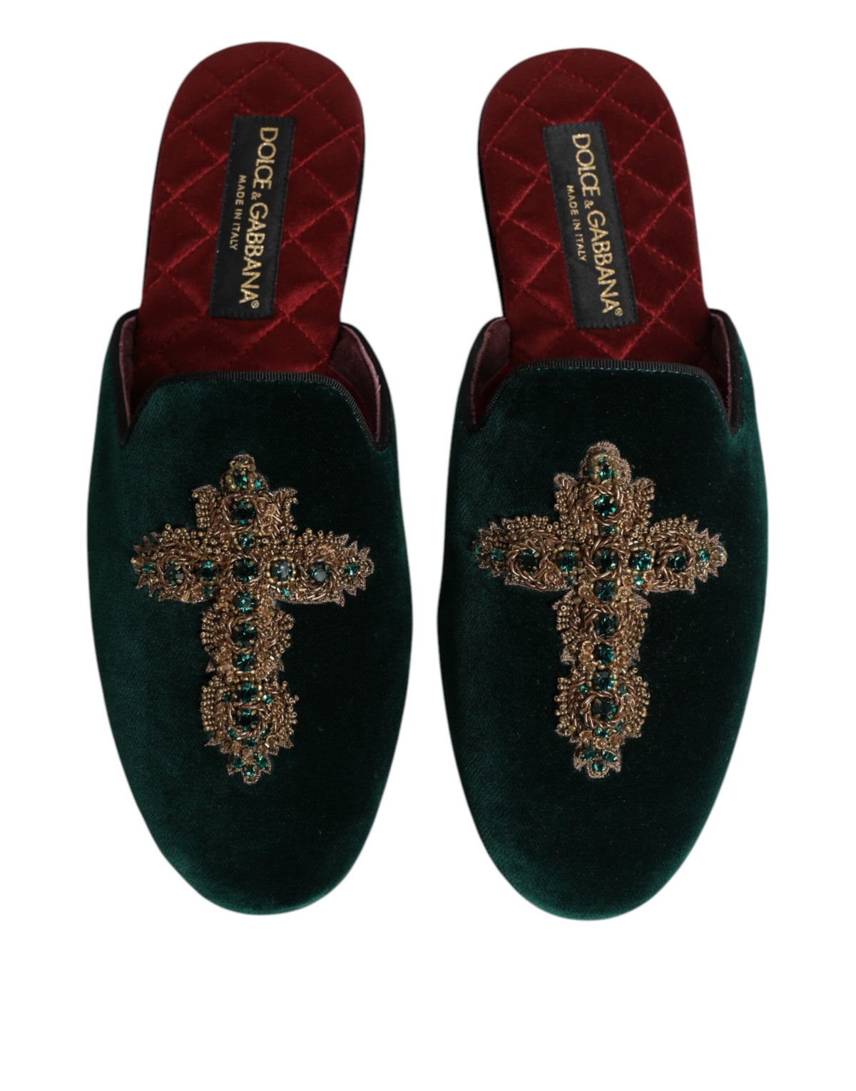 Dolce & Gabbana Grüner Samt Kreuz verschönert Pantoffeln Schuhe