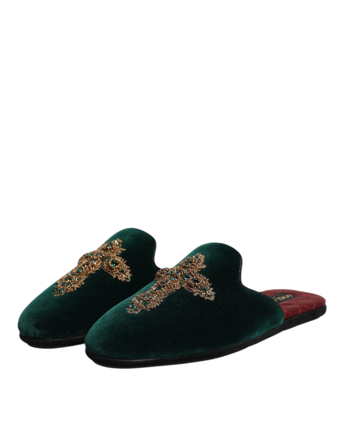 Dolce & Gabbana Grüner Samt Kreuz verschönert Pantoffeln Schuhe