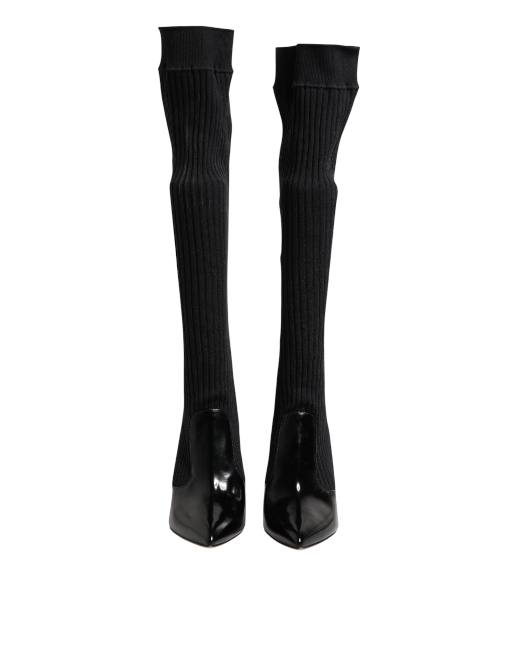 Dolce & Gabbana Schwarze Leder Rippenstrick-Kniestiefel Schuhe