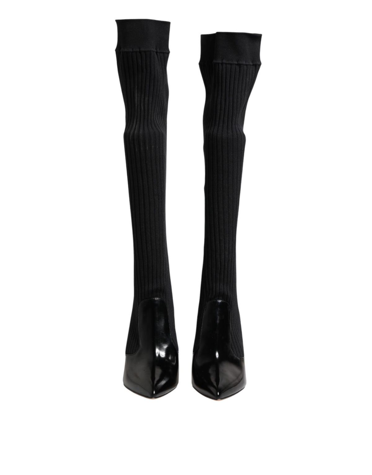 Dolce & Gabbana Schwarze Leder Rippenstrick-Kniestiefel Schuhe