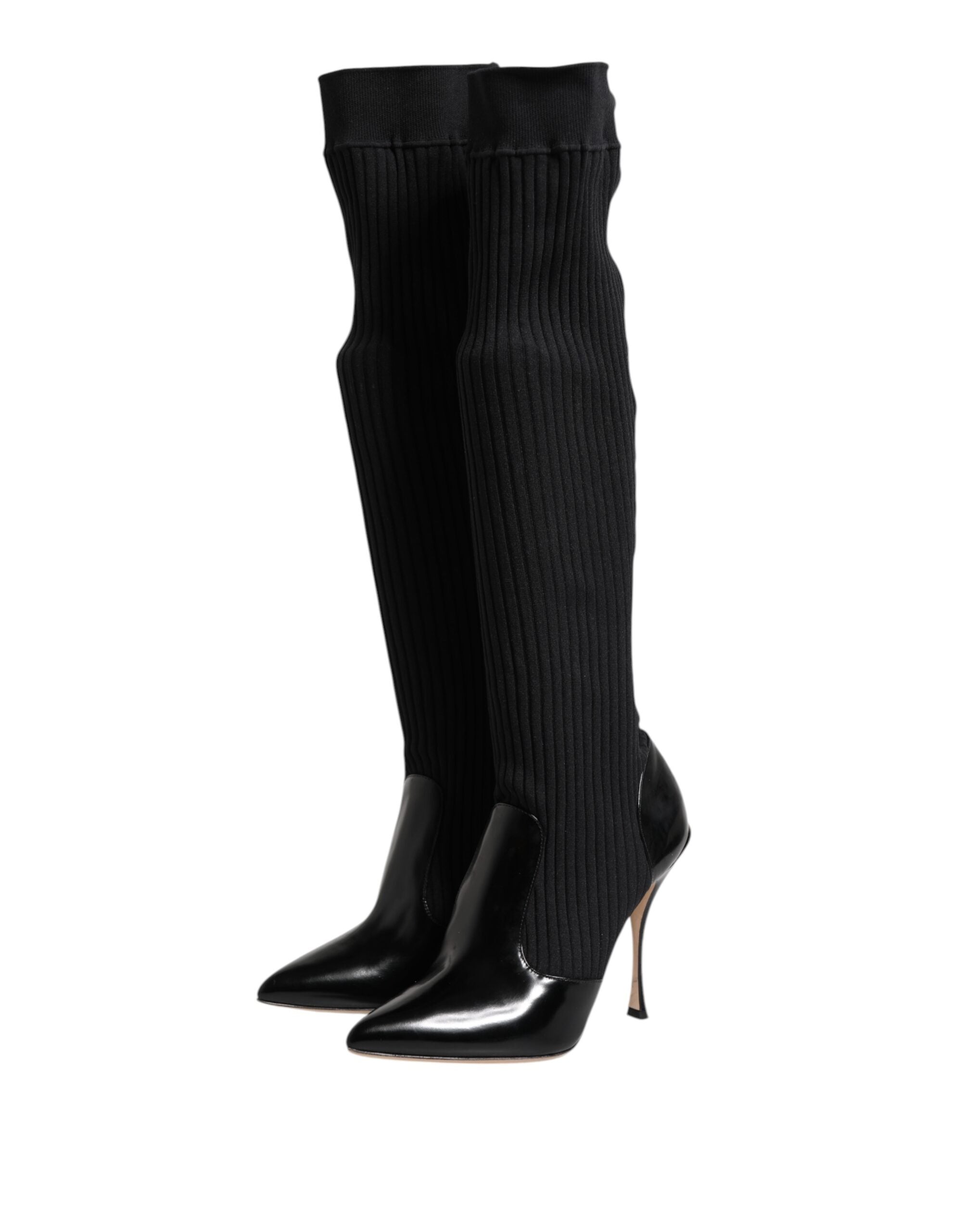 Dolce & Gabbana Schwarze Leder Rippenstrick-Kniestiefel Schuhe