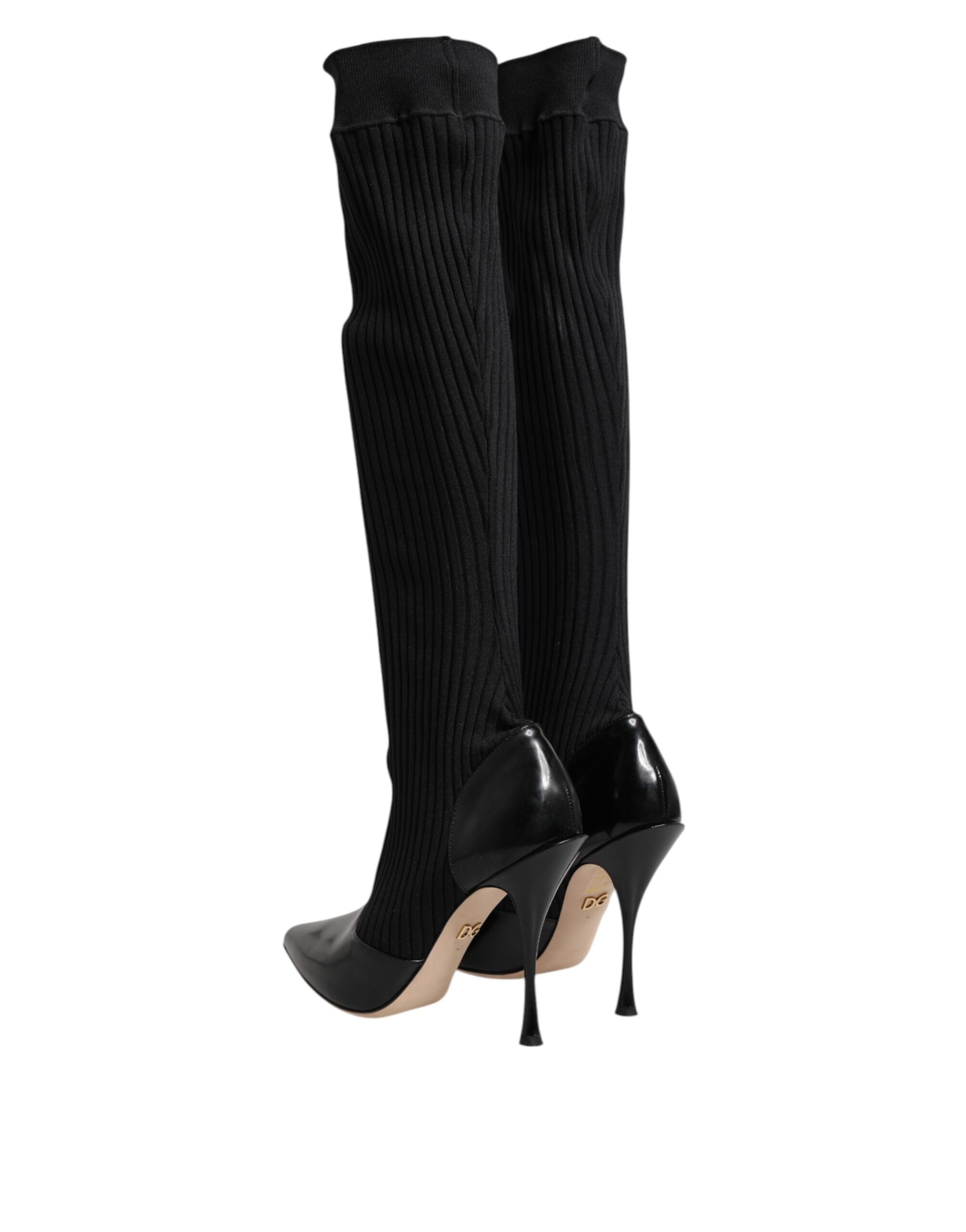 Dolce & Gabbana Schwarze Leder Rippenstrick-Kniestiefel Schuhe