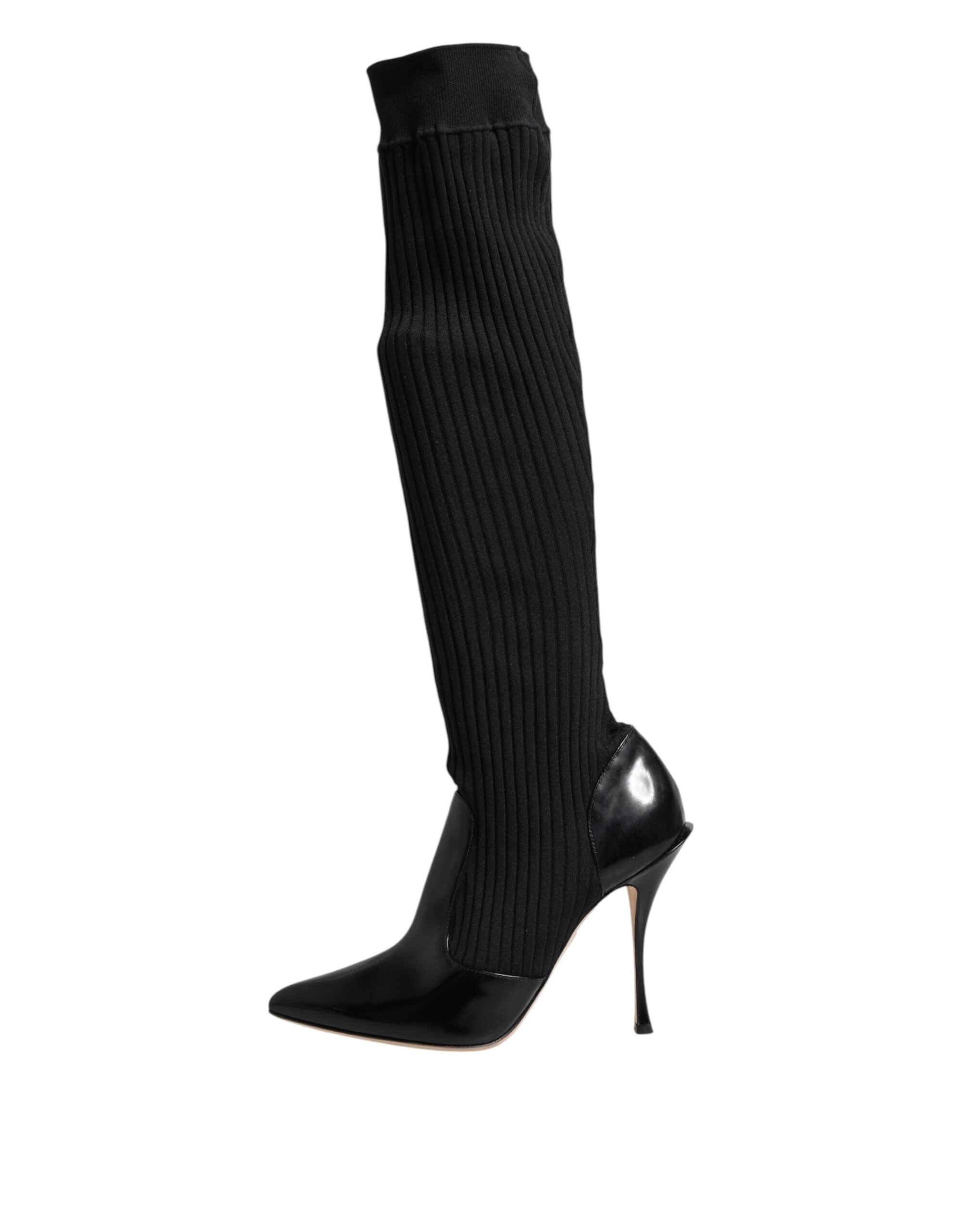 Dolce & Gabbana Schwarze Leder Rippenstrick-Kniestiefel Schuhe