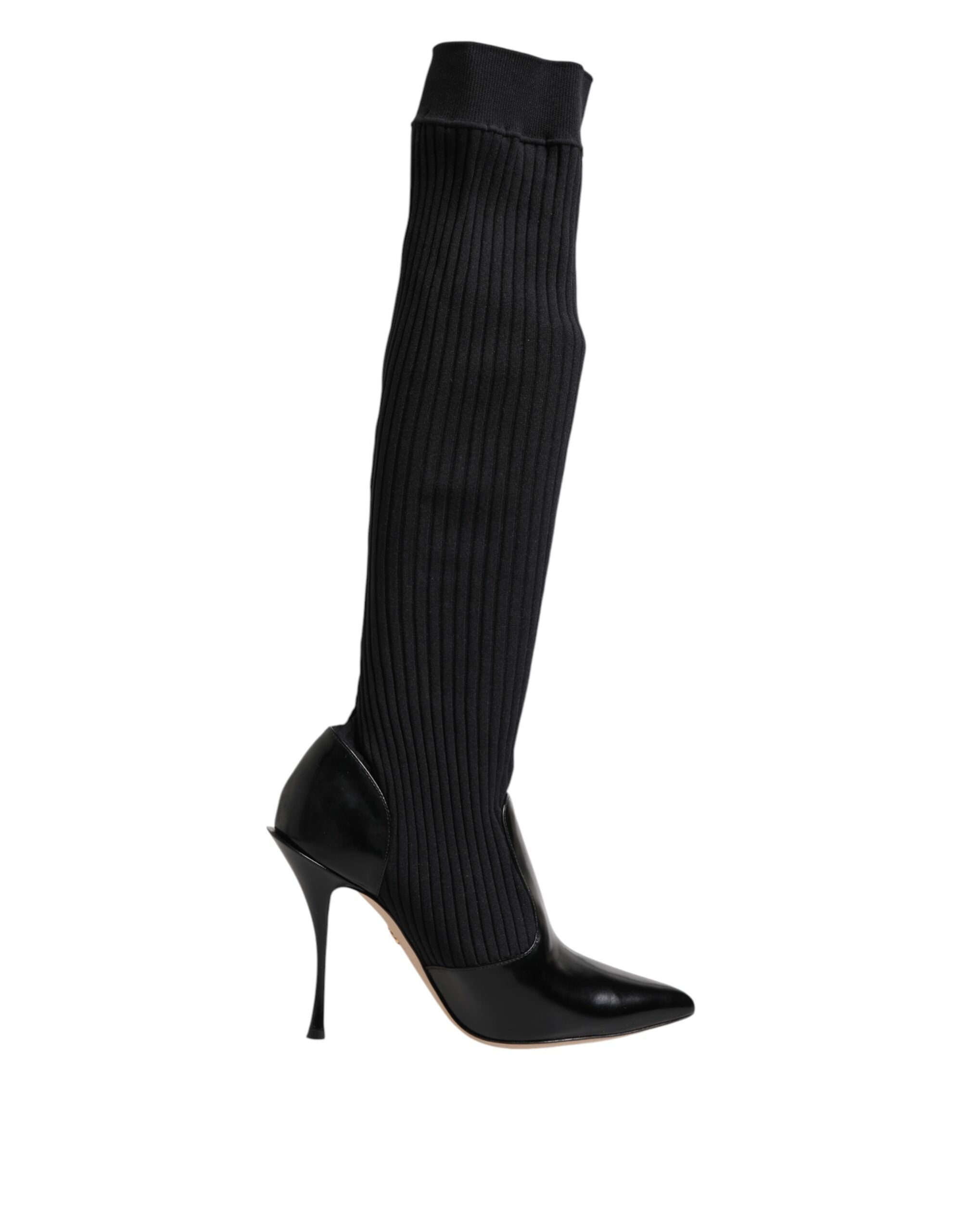 Dolce & Gabbana Schwarze Leder Rippenstrick-Kniestiefel Schuhe