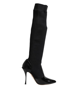Dolce & Gabbana Schwarze Leder Rippenstrick-Kniestiefel Schuhe