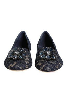 Dolce & Gabbana Blau Taormina Spitze Kristalle Flats Schuhe