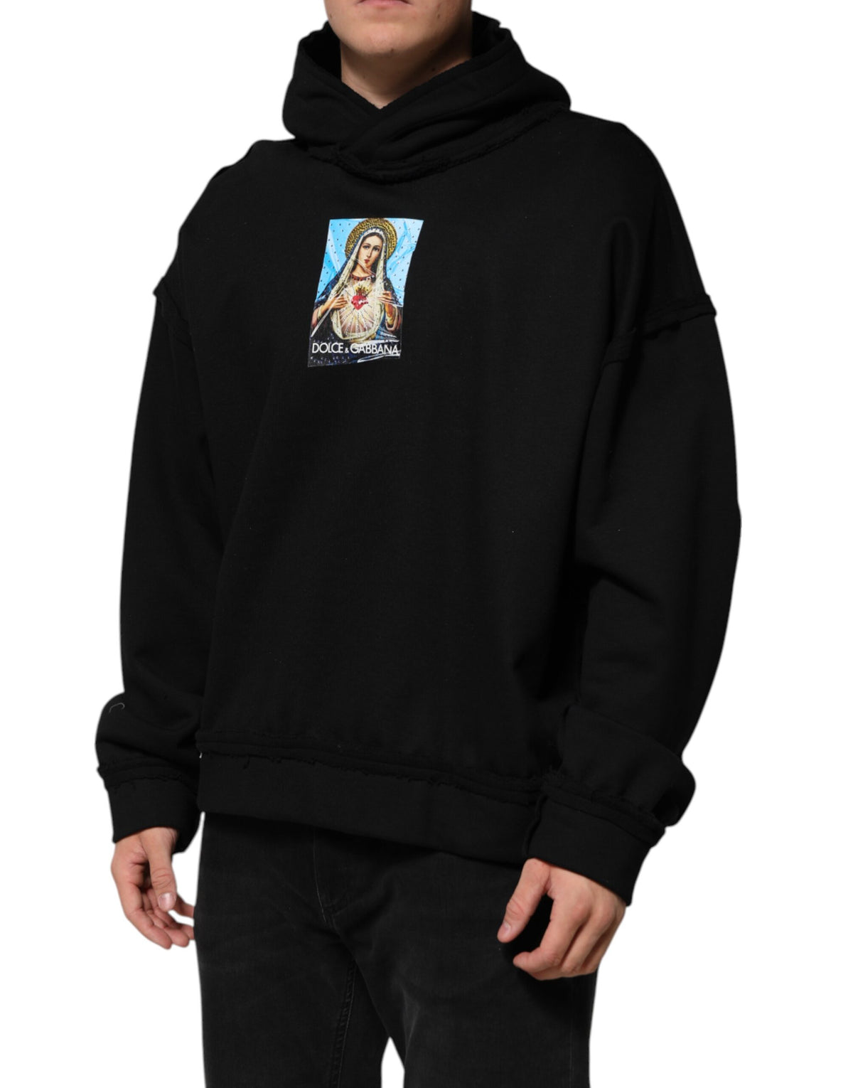 Dolce & Gabbana Schwarzer bedruckter Kapuzenpulli mit Kristallen verschönerte Jacke