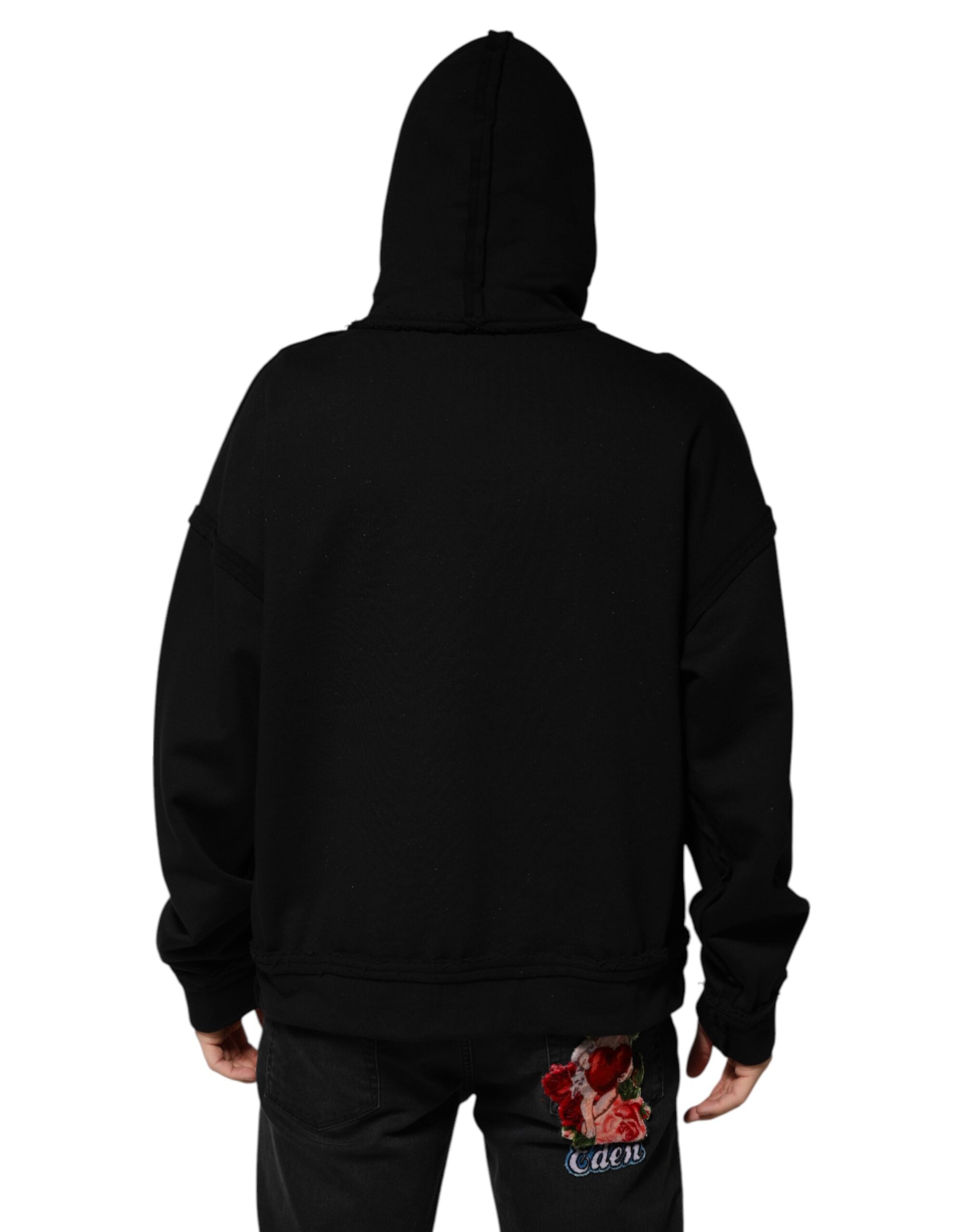 Dolce & Gabbana Schwarzer bedruckter Kapuzenpulli mit Kristallen verschönerte Jacke