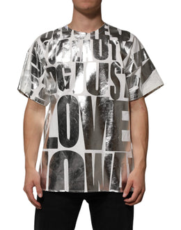 Dolce & Gabbana Weißes Baumwoll-T-Shirt mit silbernem Metallic-Slogan-Aufdruck