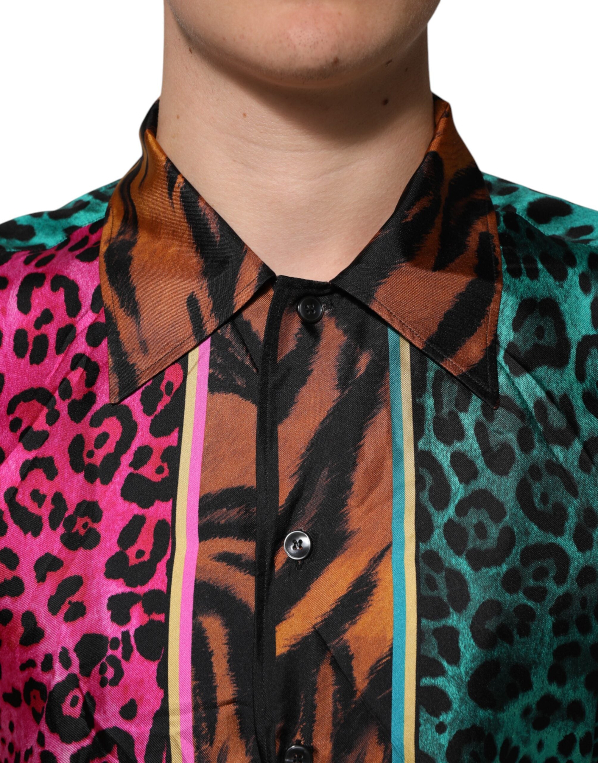 Dolce & Gabbana Mehrfarbiges Tiger-T-Shirt aus Seide mit Hawaii-Print