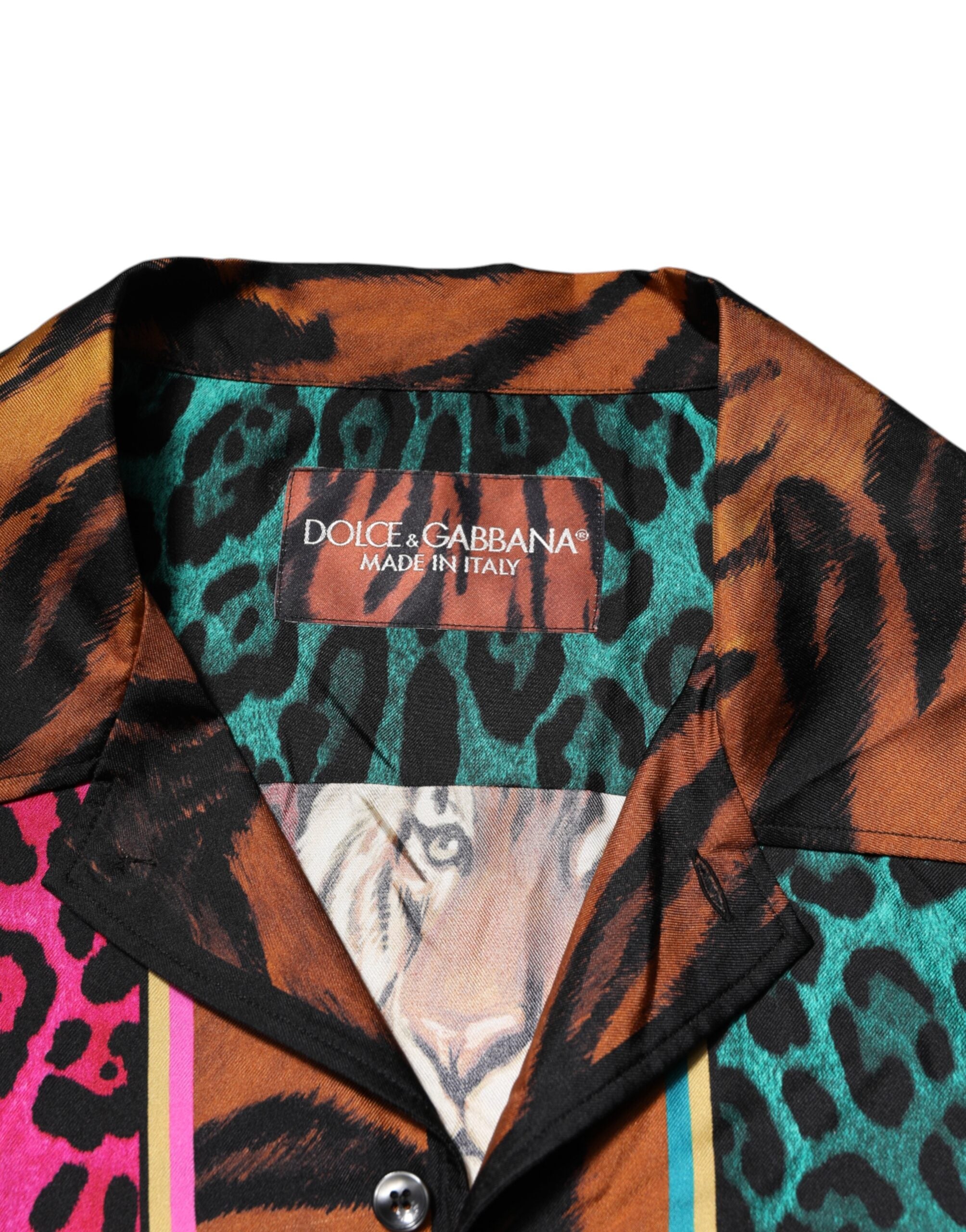 Dolce & Gabbana Mehrfarbiges Tiger-T-Shirt aus Seide mit Hawaii-Print