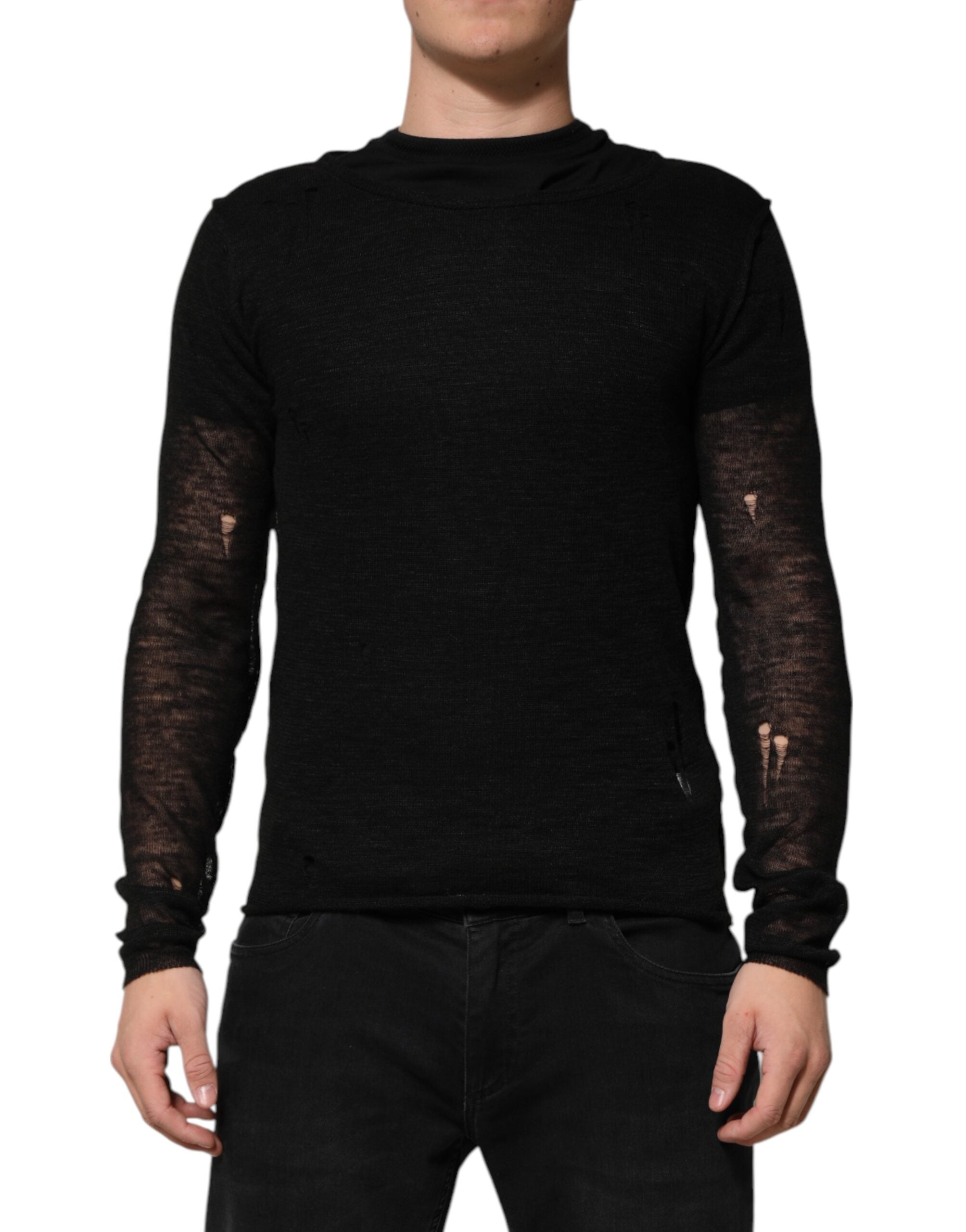 Dolce & Gabbana Schwarzes Leinen-Netz-T-Shirt mit zerrissenen langen Ärmeln