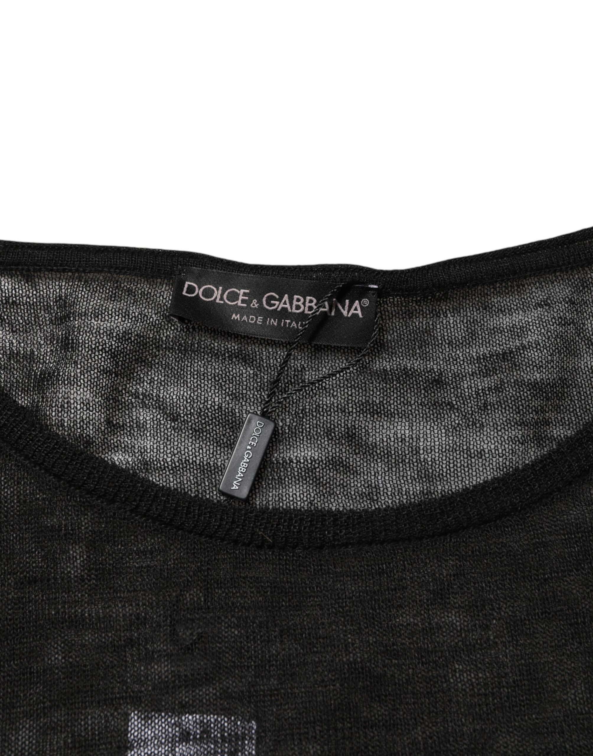 Dolce & Gabbana Schwarzes Leinen-Netz-T-Shirt mit zerrissenen langen Ärmeln