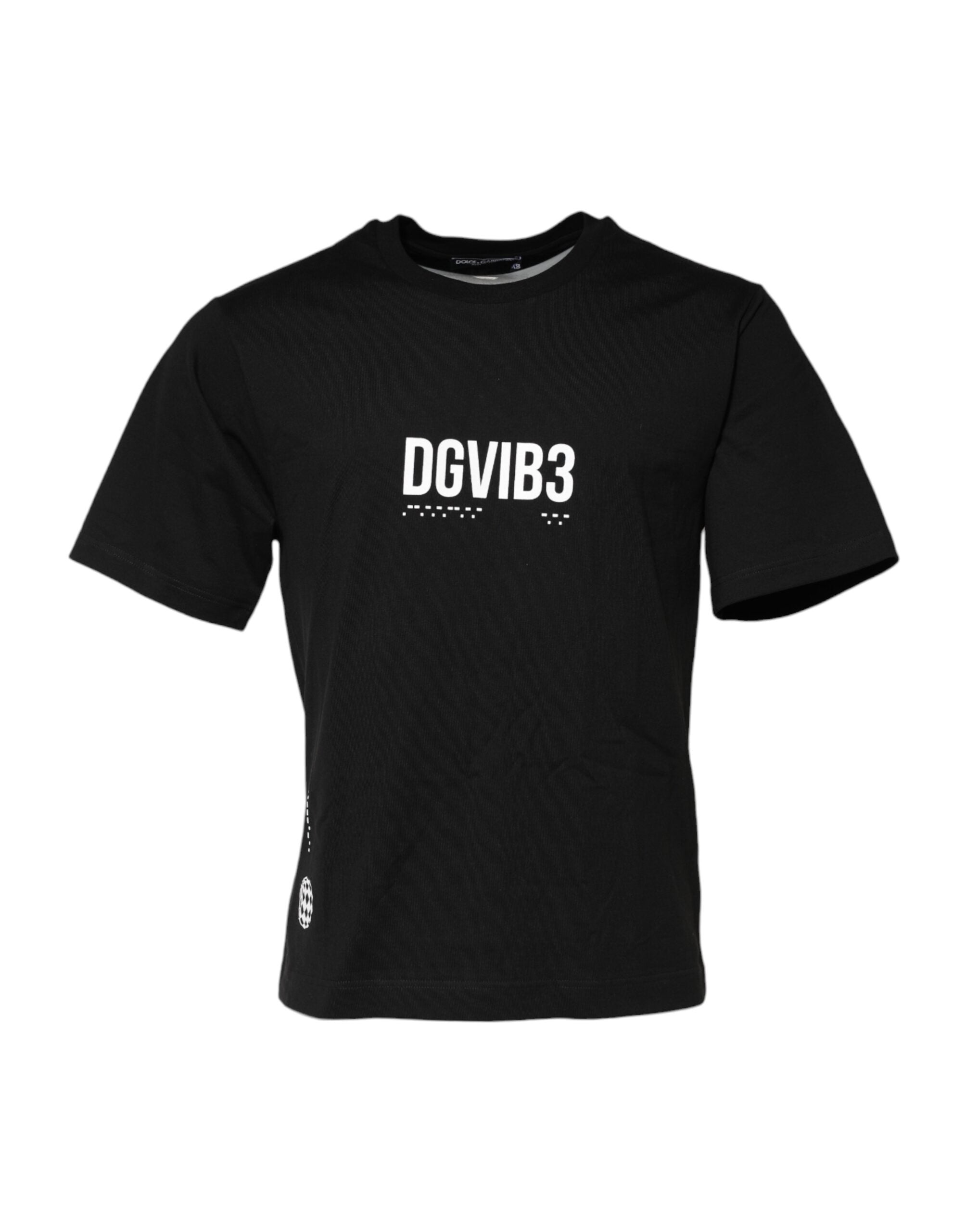 Dolce & Gabbana Schwarzes DG Vib3 Print Baumwoll-T-Shirt mit Rundhalsausschnitt