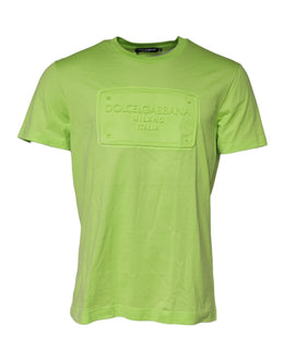 Dolce & Gabbana Grünes T-Shirt mit geprägtem Logo und Rundhalsausschnitt aus Baumwolle